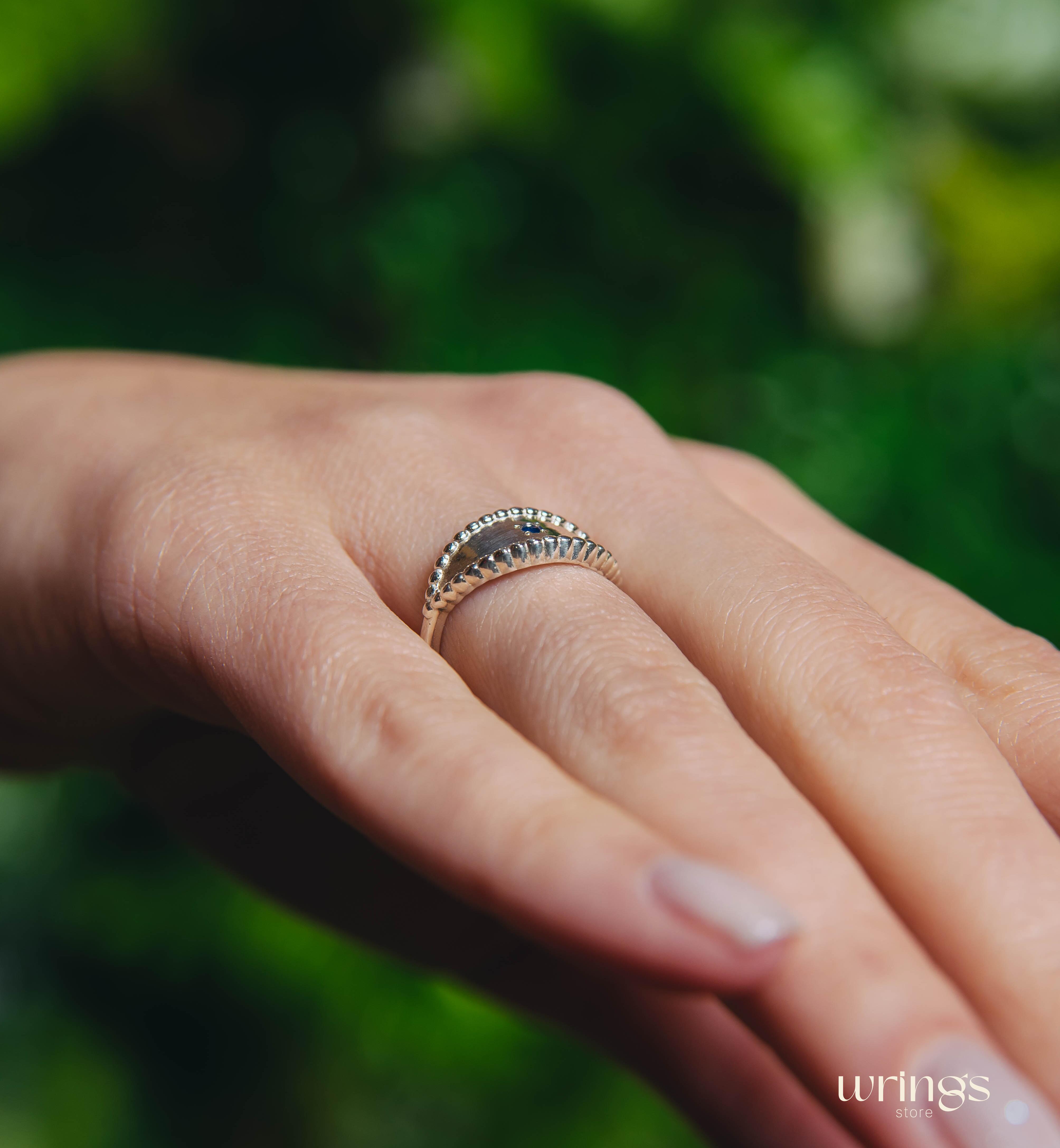 Silver Beaded Spoon Ring with Natural Blue Sapphire