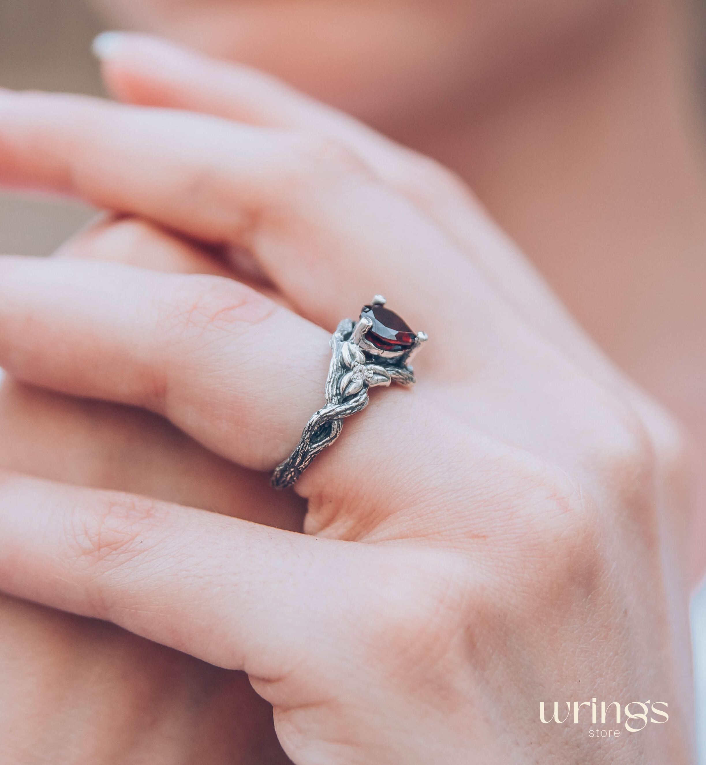 Heart Shaped Garnet Branch Engagement Ring with Leaves