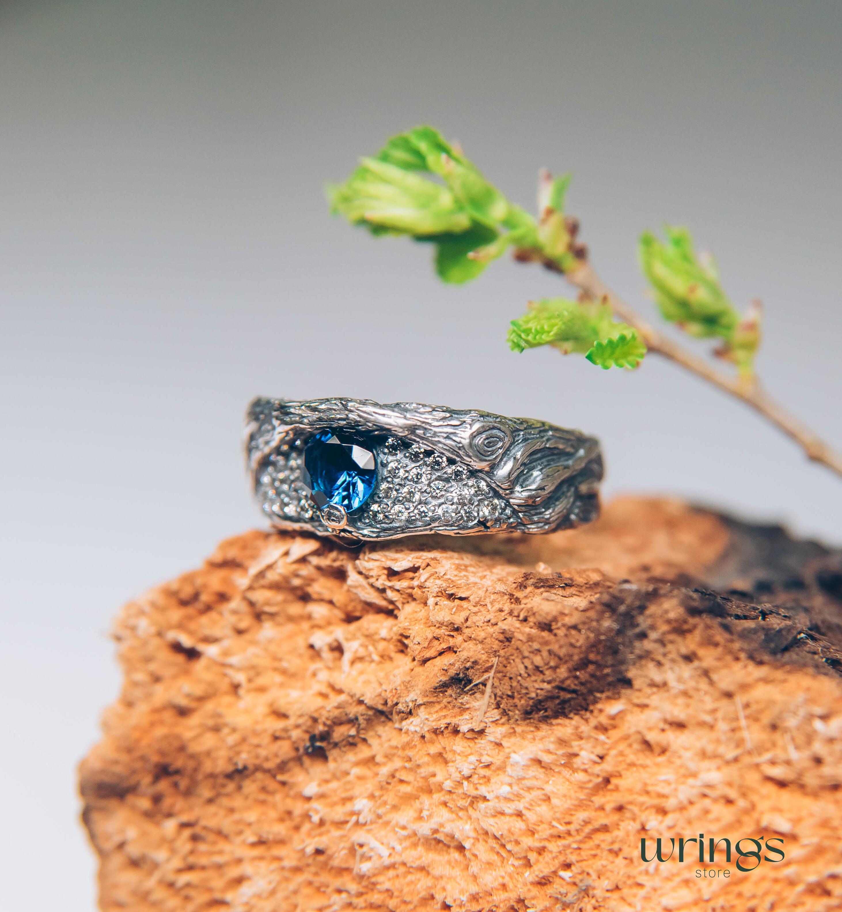 Chunky Silver Branch & Sapphire Ring adorned with CZ Accents