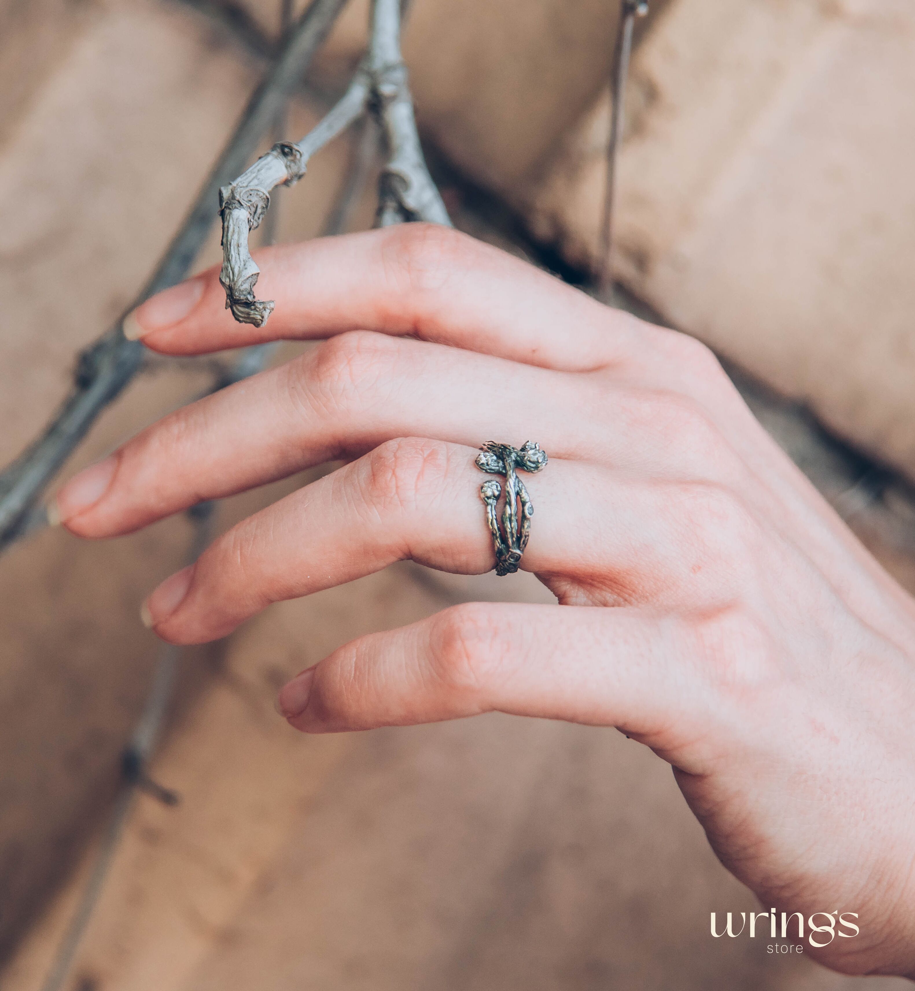 Intertwined Silver Branch Ring with 4 Gemstones