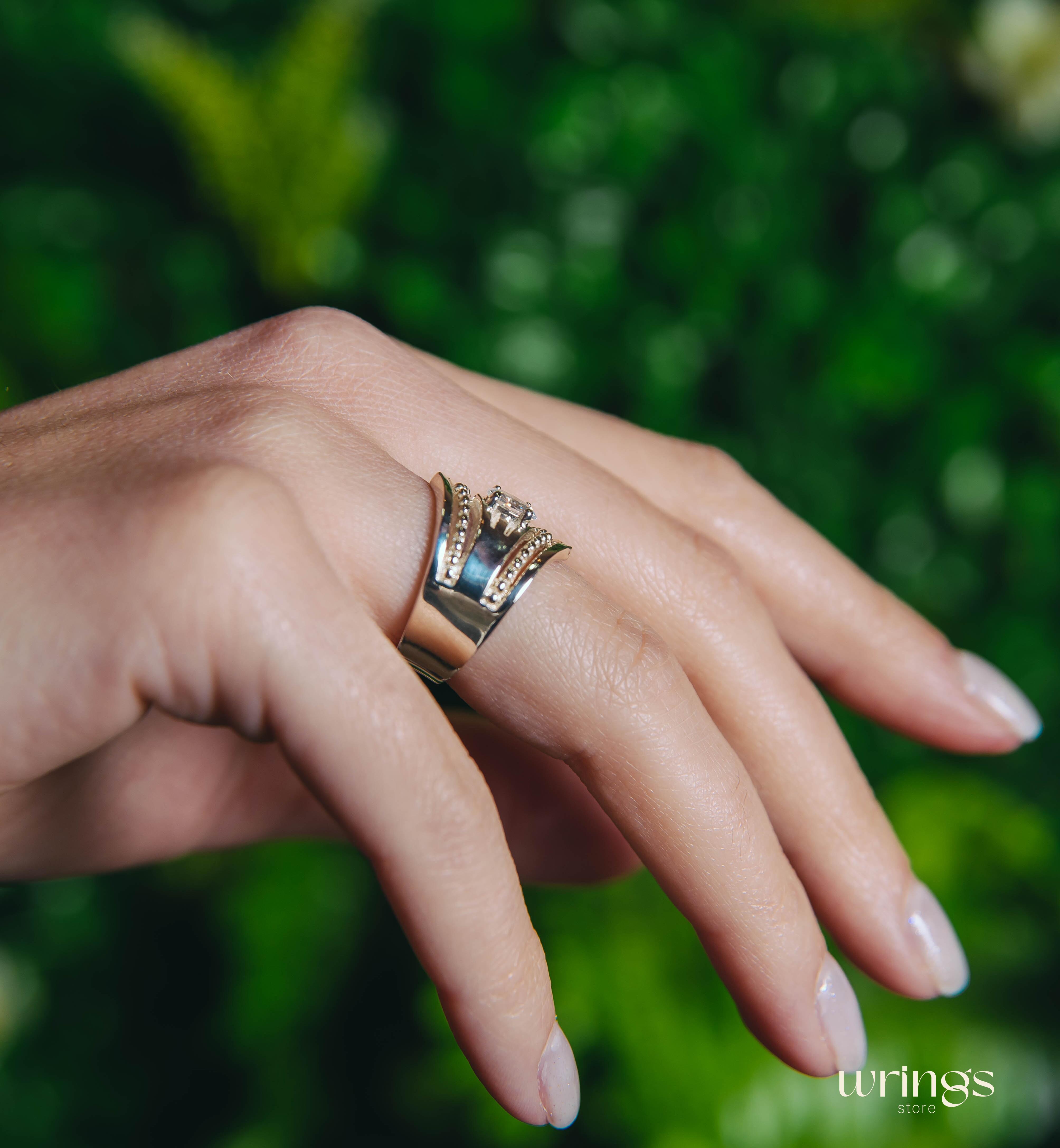Extra Wide Beaded Chevron Cocktail Ring White Stone