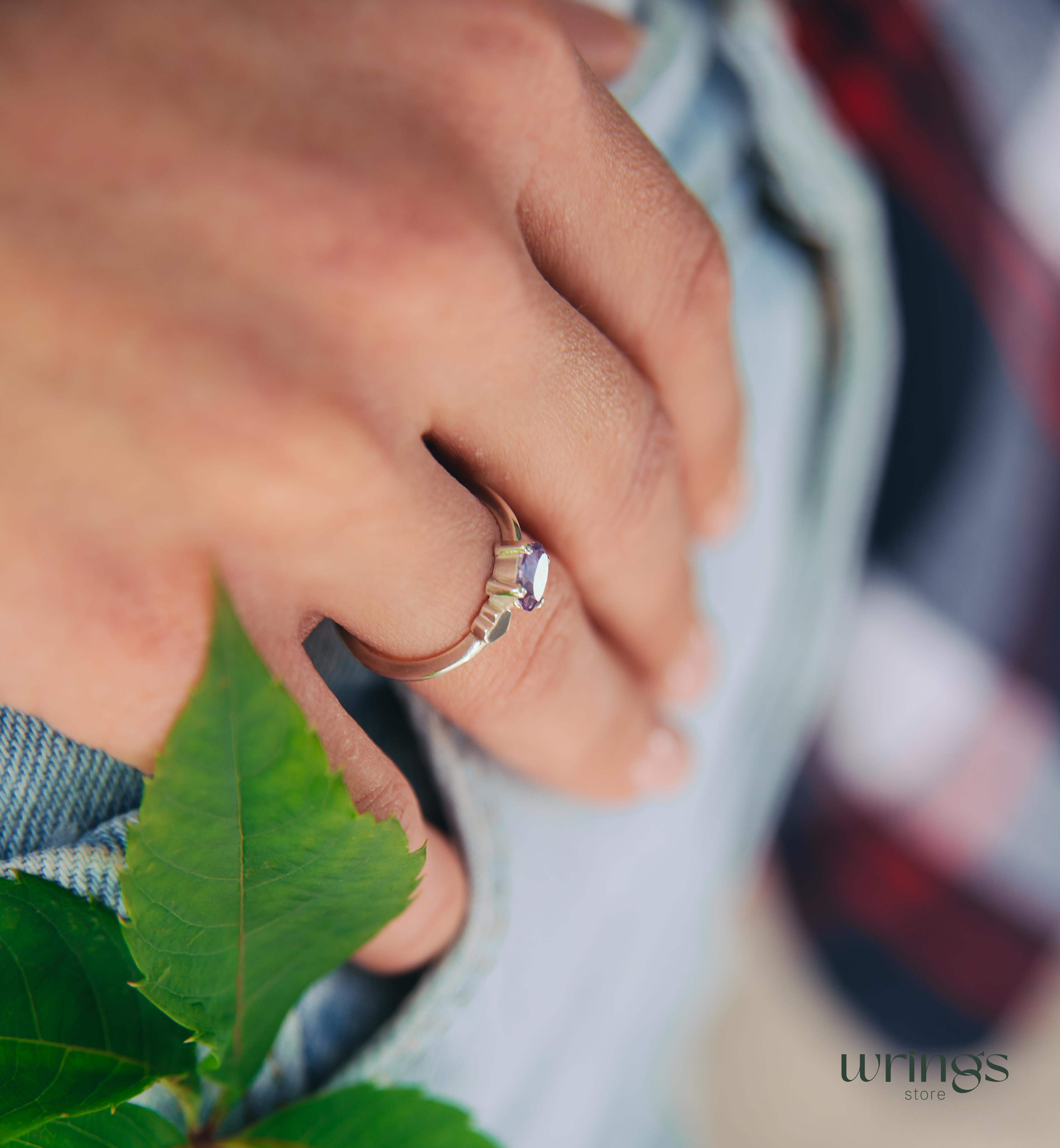 Oval Alexandrite Engagement Ring Silver & Side Heart