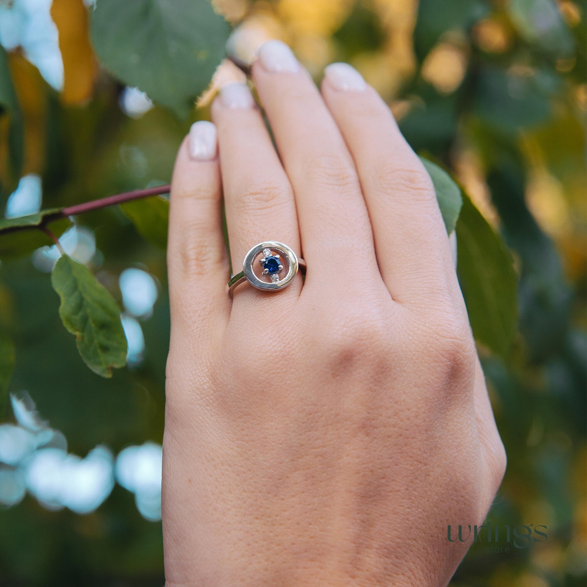 Blue Sapphire & CZ Silver Round Open Engagement Ring