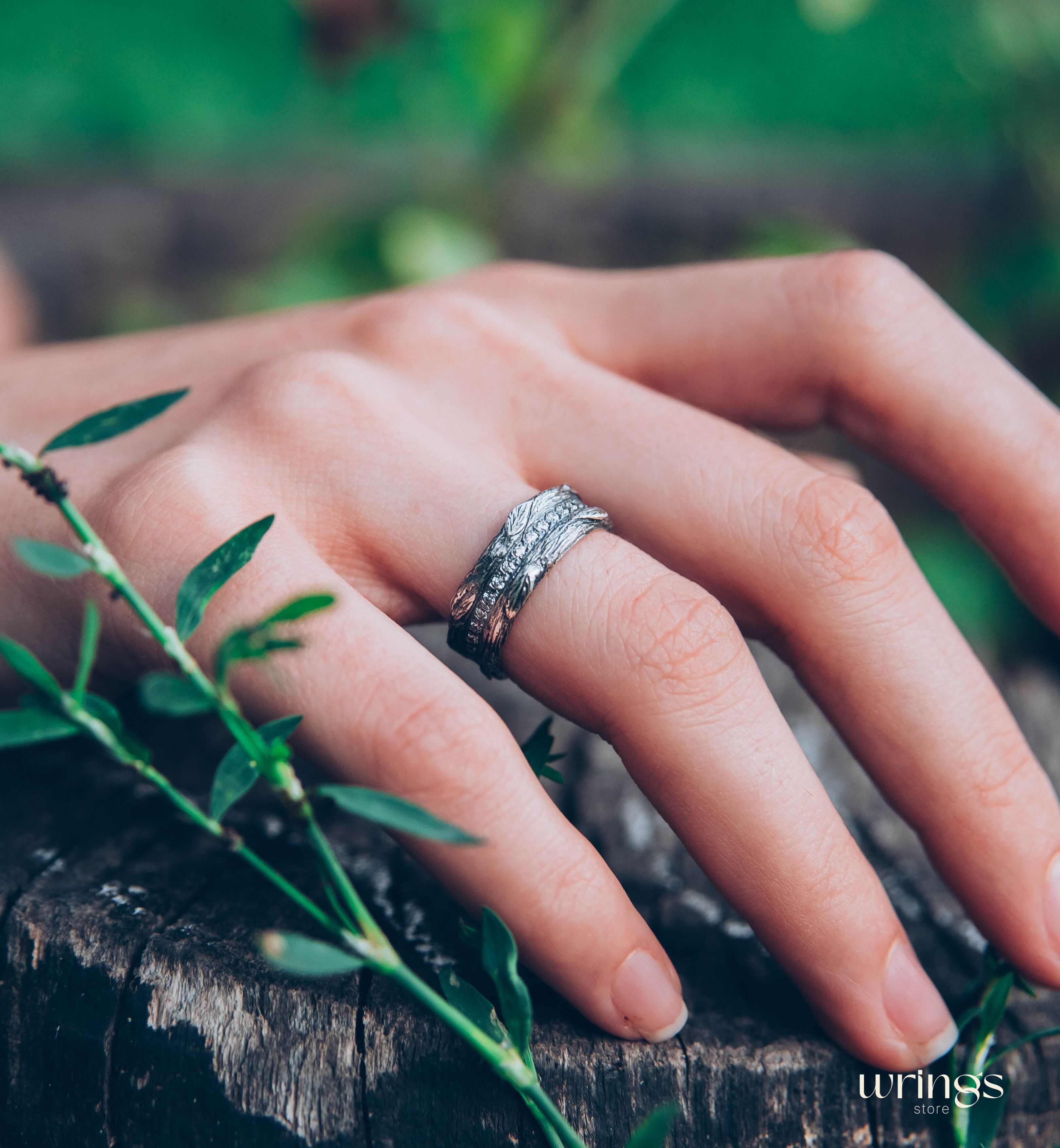Silver Eternity Ring Wood Leaves and White Stones