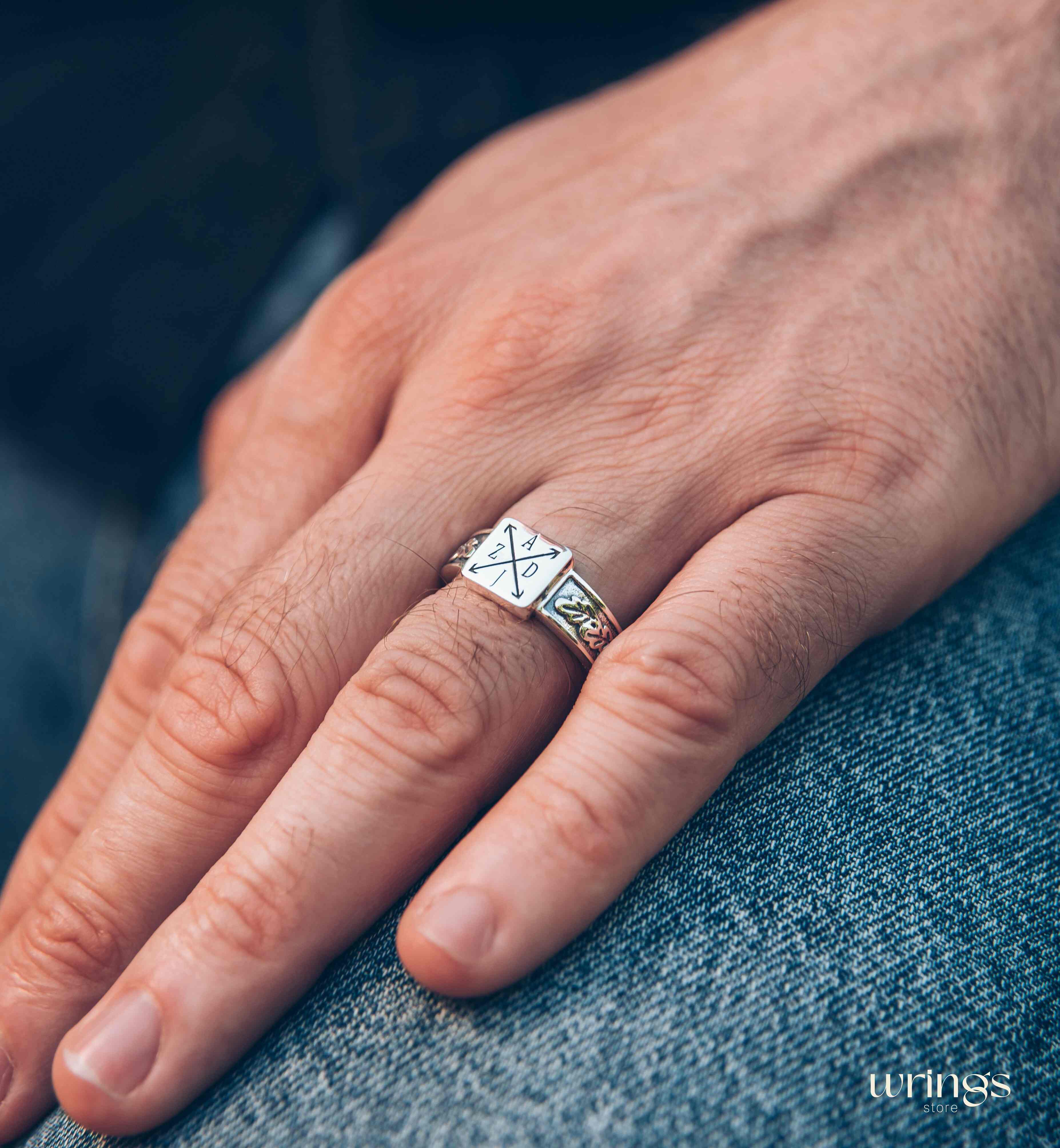 Initials and Monogram Signet Ring Engraved Oak Leaves
