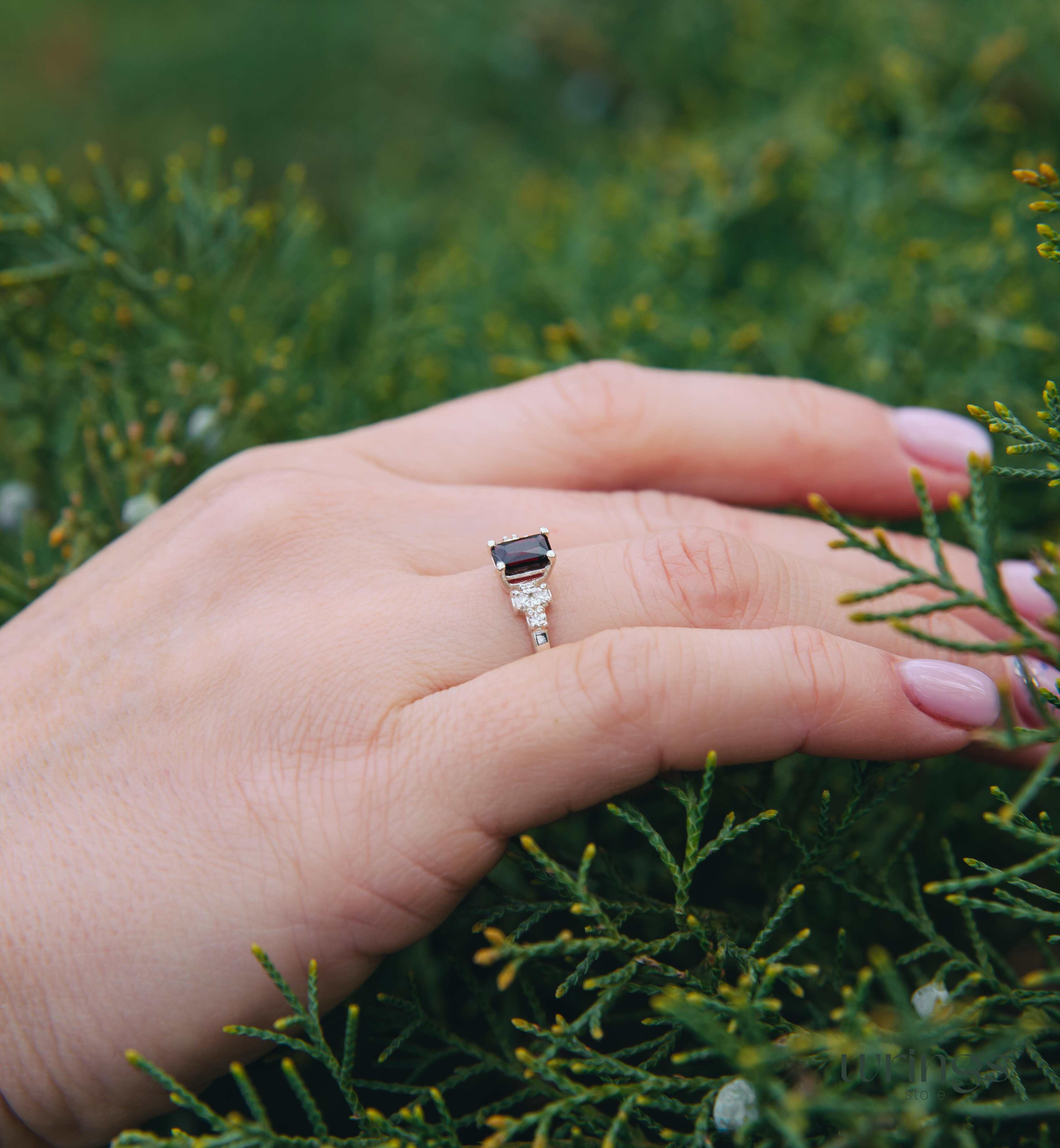 Octagon Garnet & Multi Side Stones Cluster Ring Silver