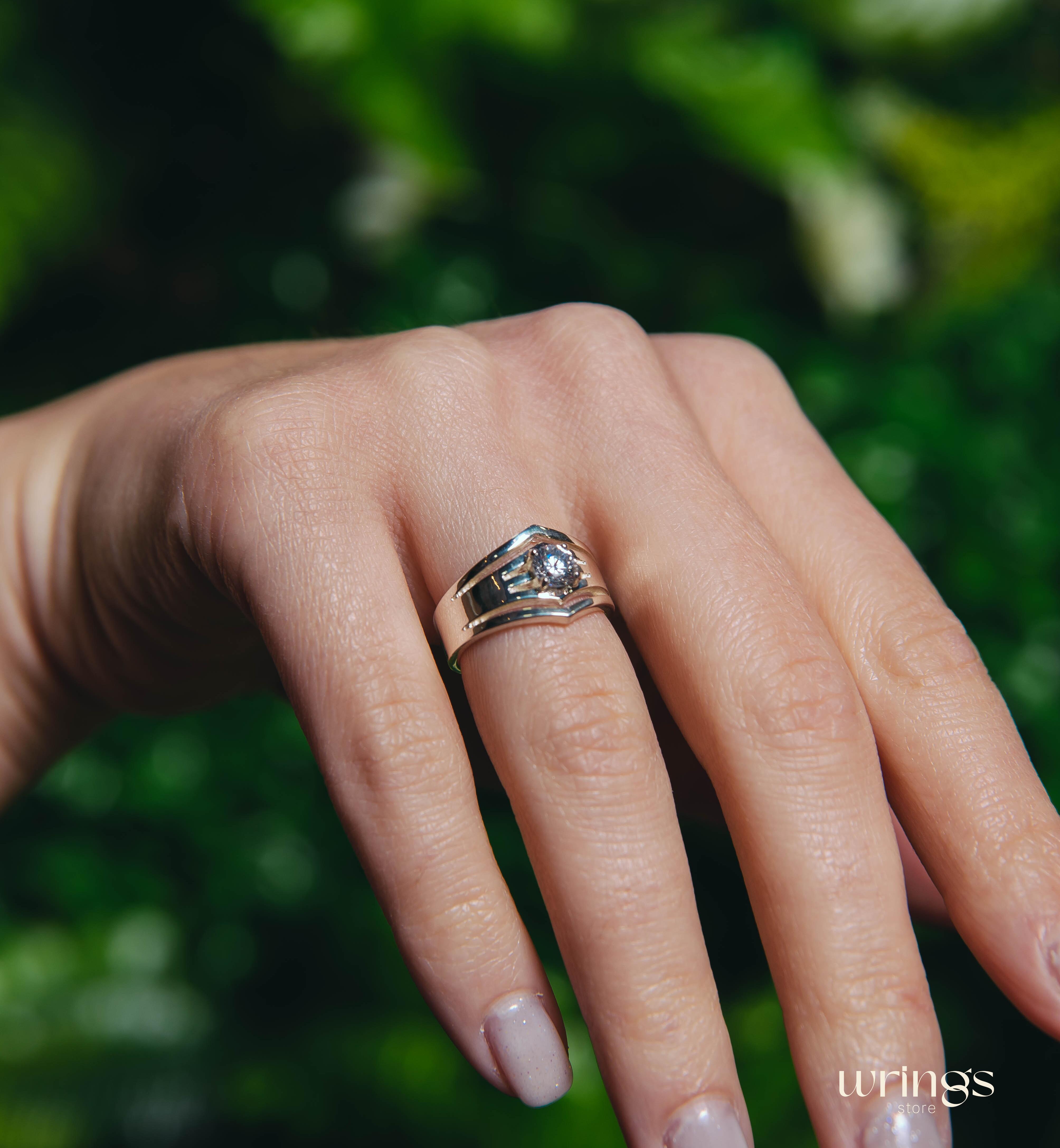 Cocktail Silver Chevron Band with Round Cubic Zirconia