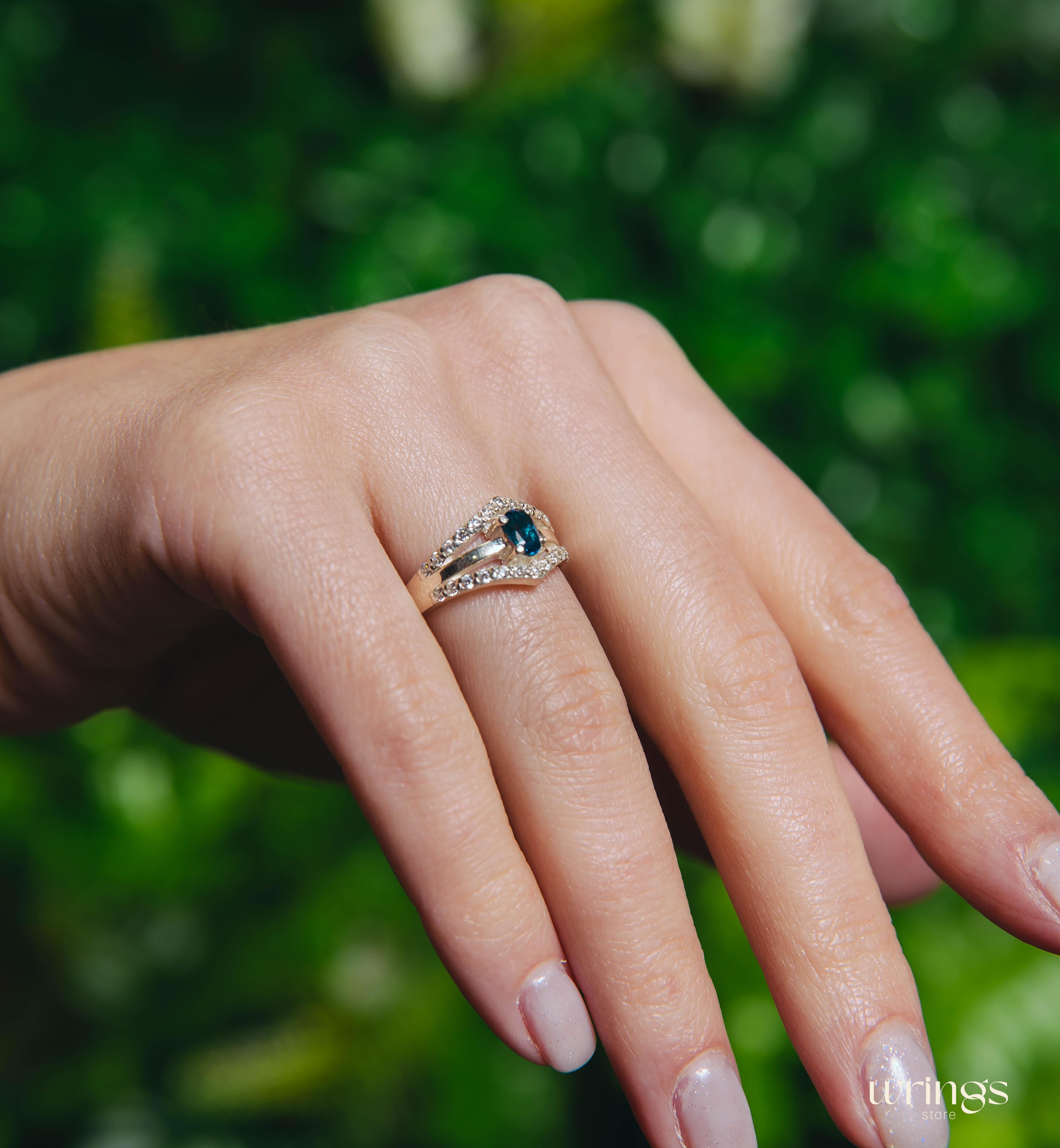 Oval Blue Topaz Engagement Ring Double V-shaped Band