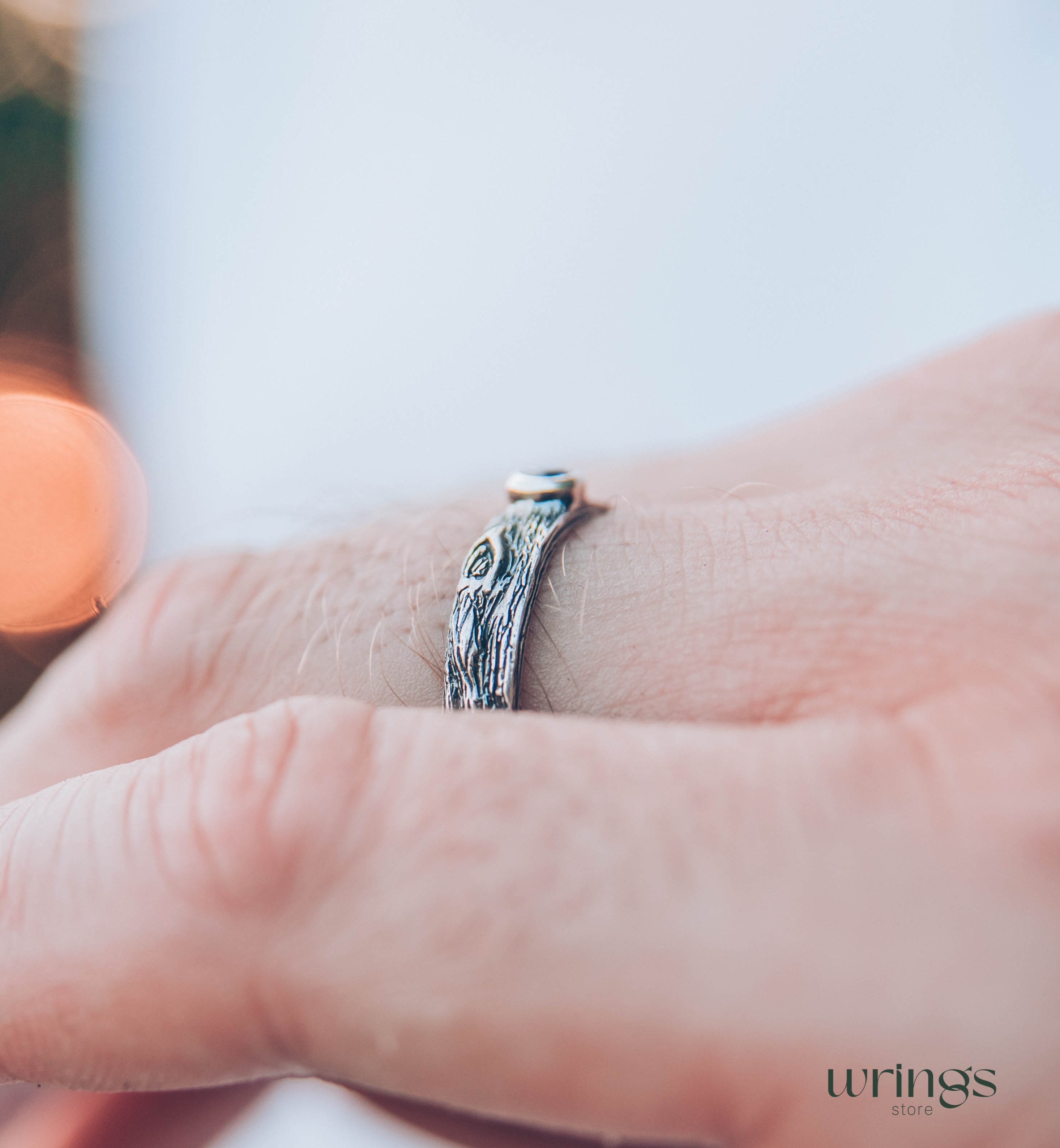 Unique Tree bark Silver Ring with exquisite Blue Sapphire