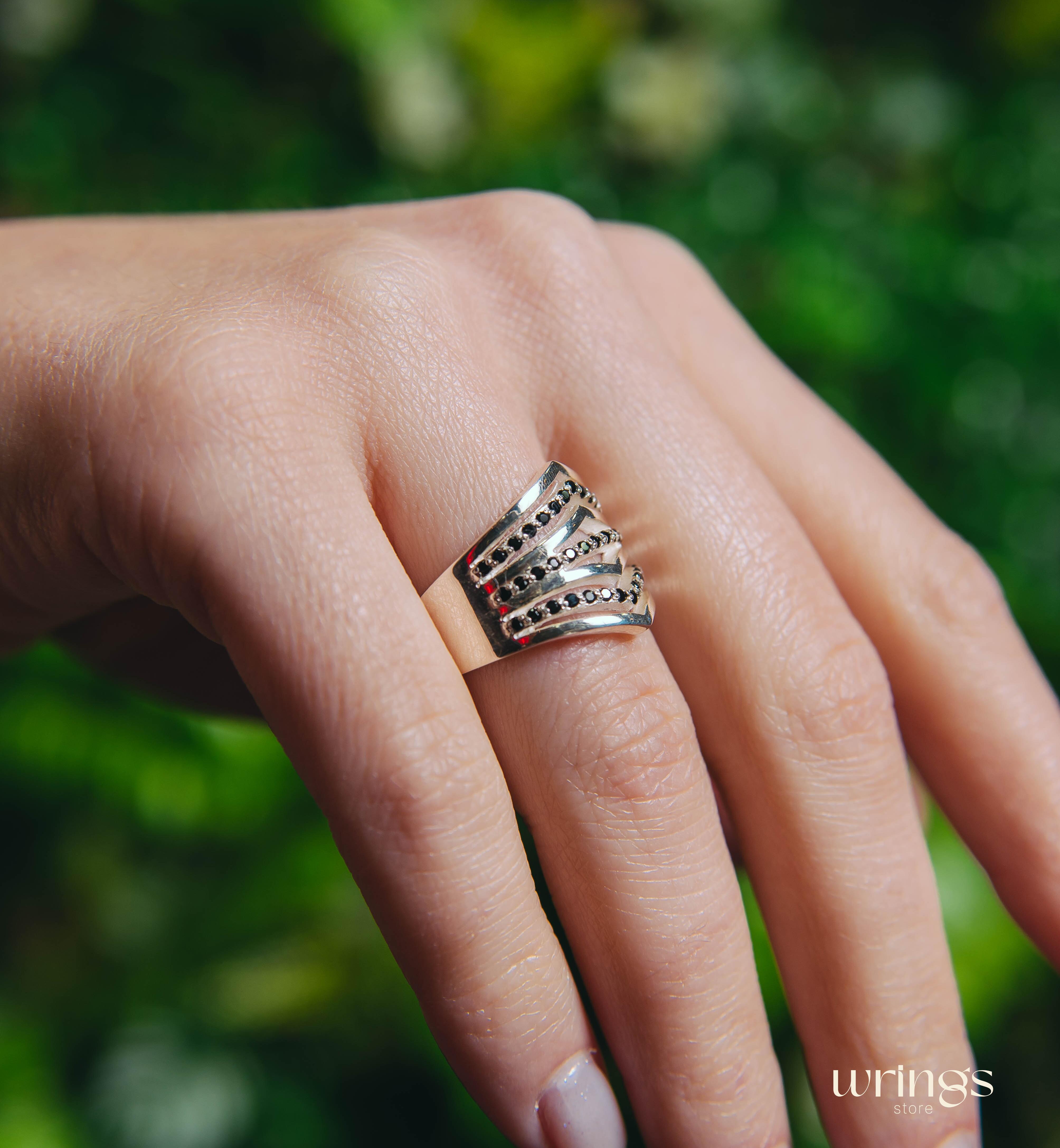 Extra Wide Silver Dome Ring Double Chevron Black Stones