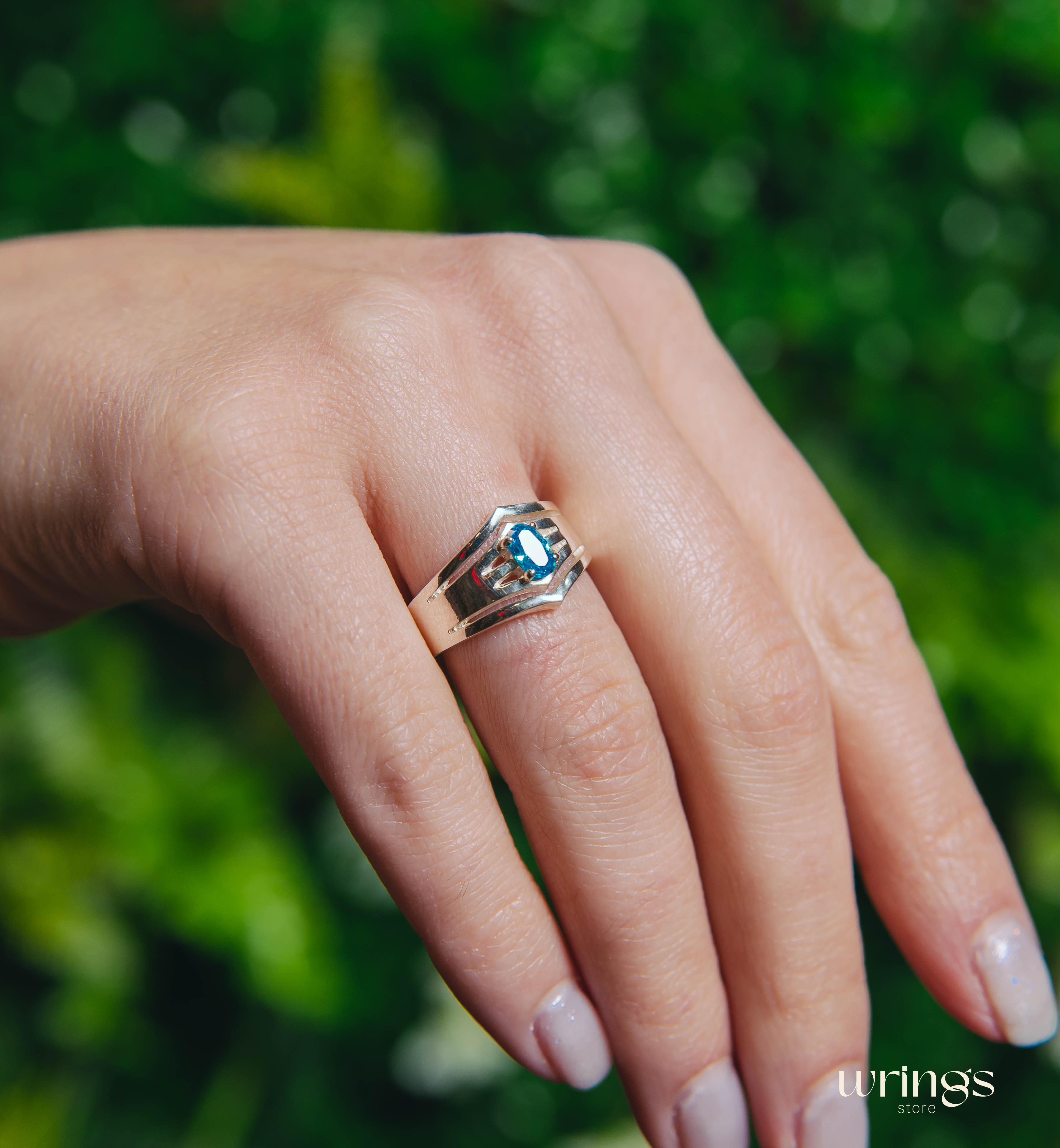 Double V-shaped Cocktail Oval Blue Topaz Ring Silver