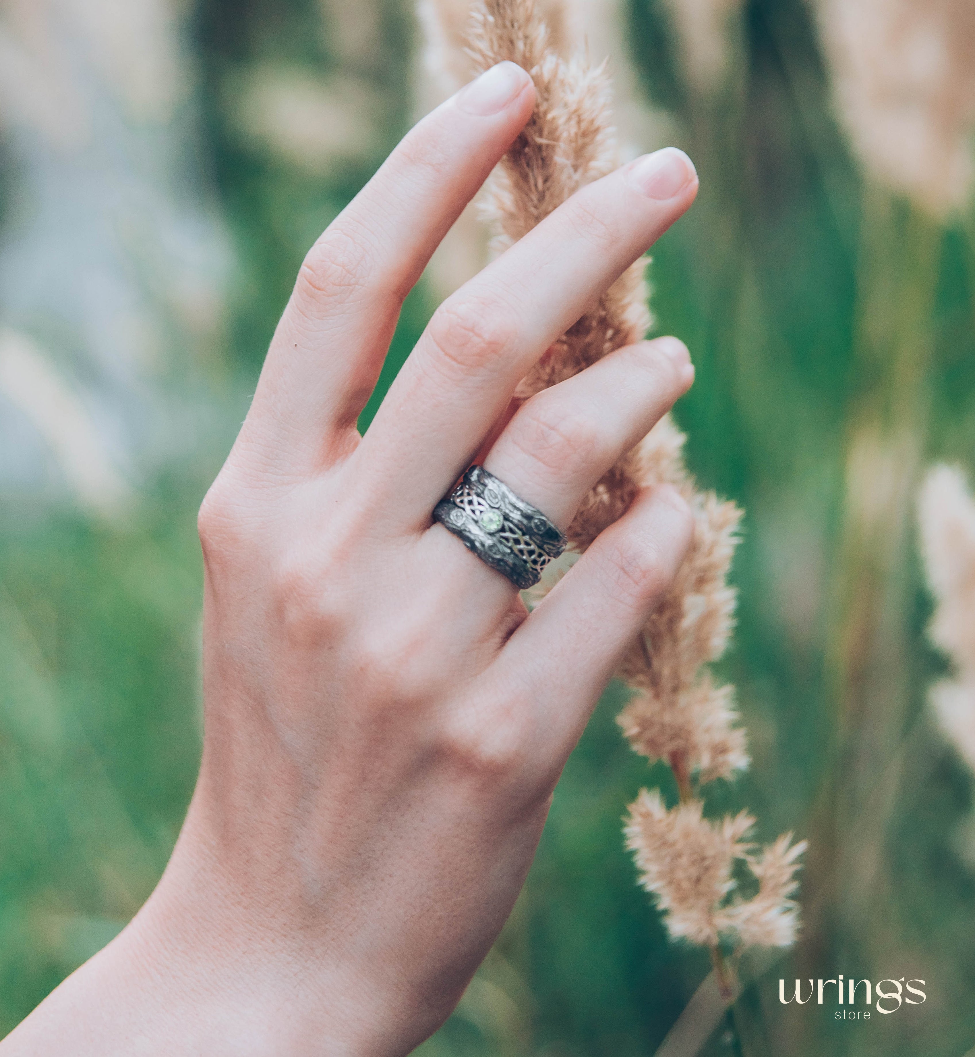 Silver bark with Celtic Weaves & Peridot Wedding Ring