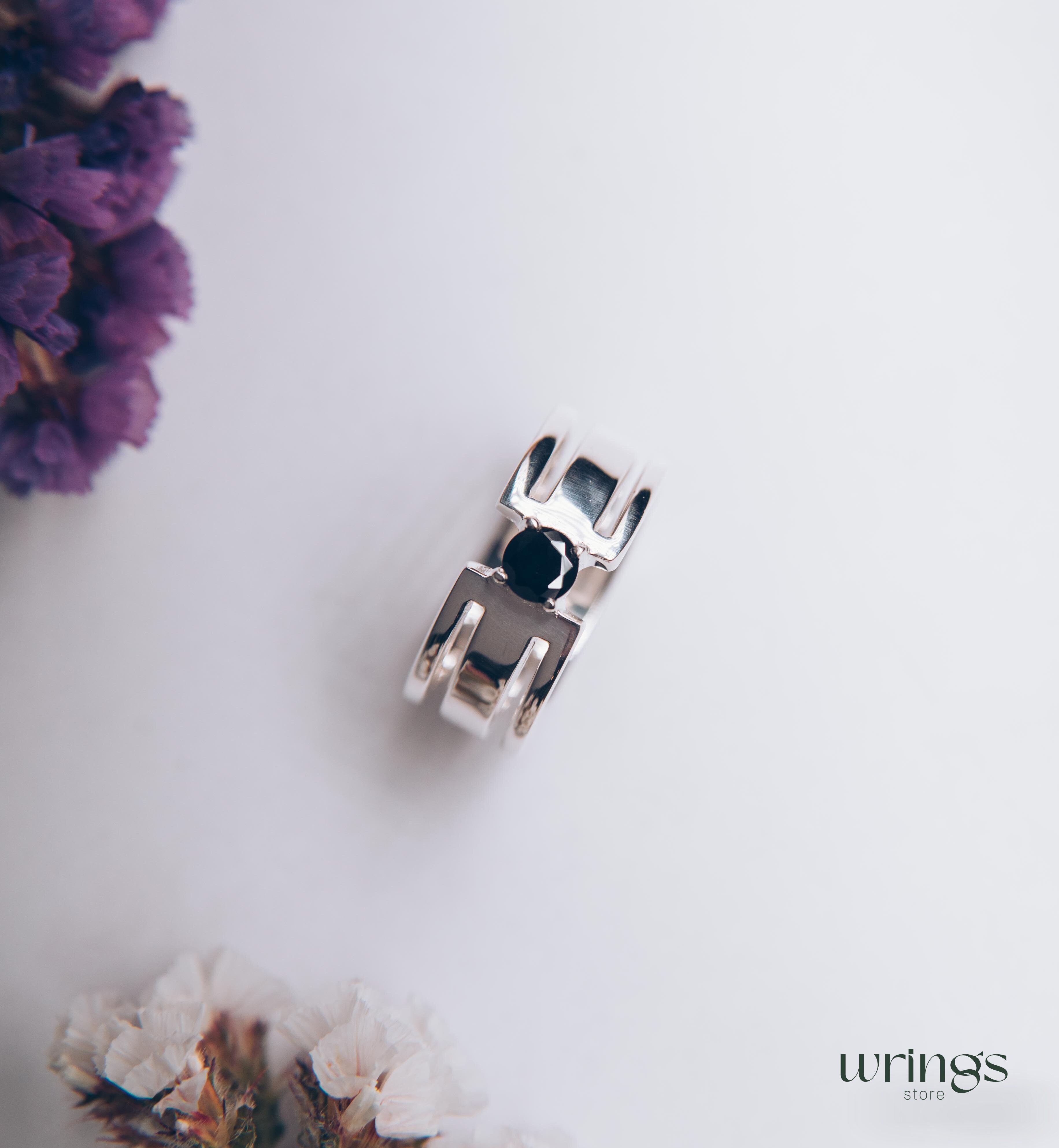 Round Black Diamond Silver Wide Band Engagement Ring