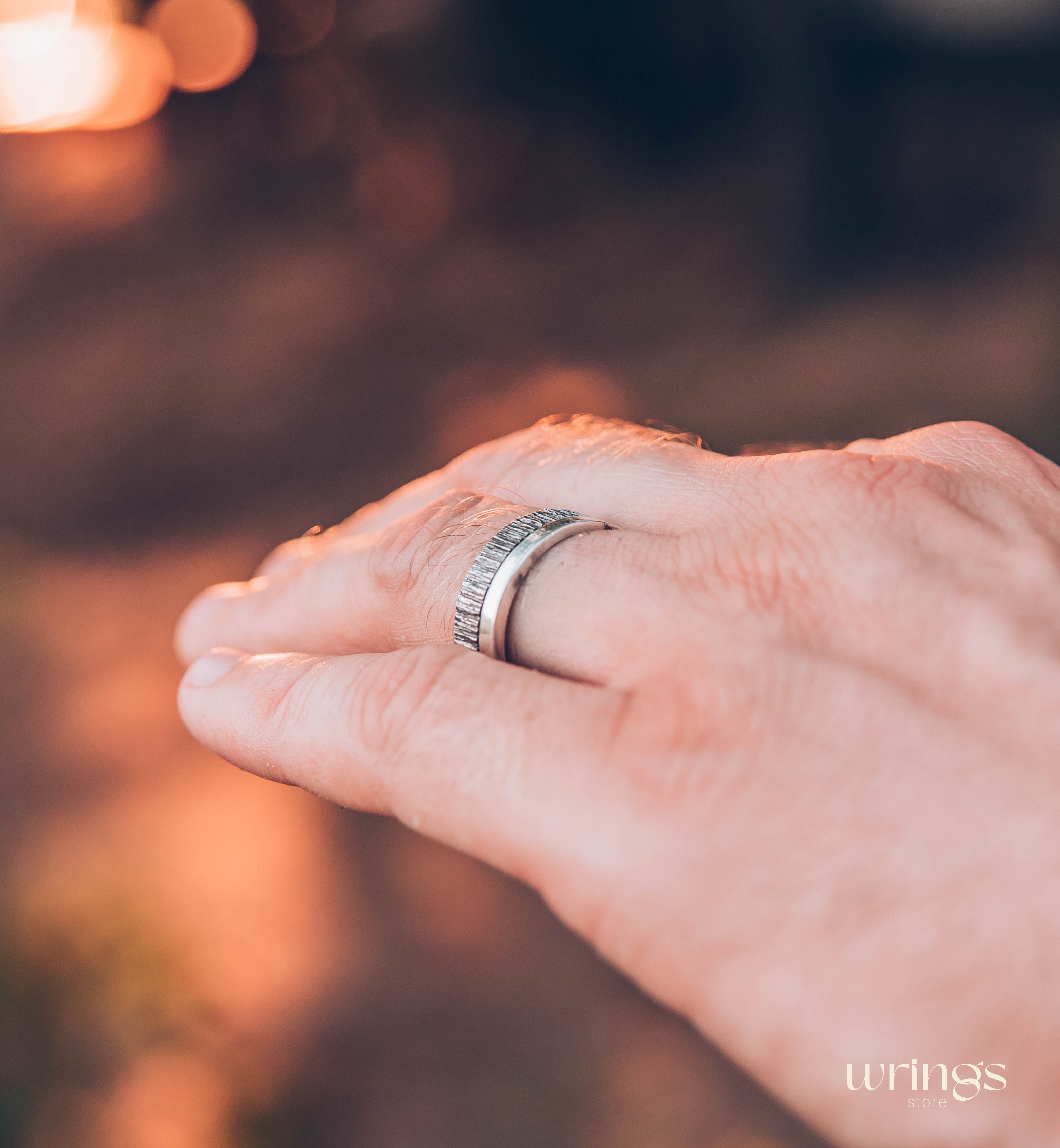 Double Textured Silver Tree Bark Wedding Band Rustic Style