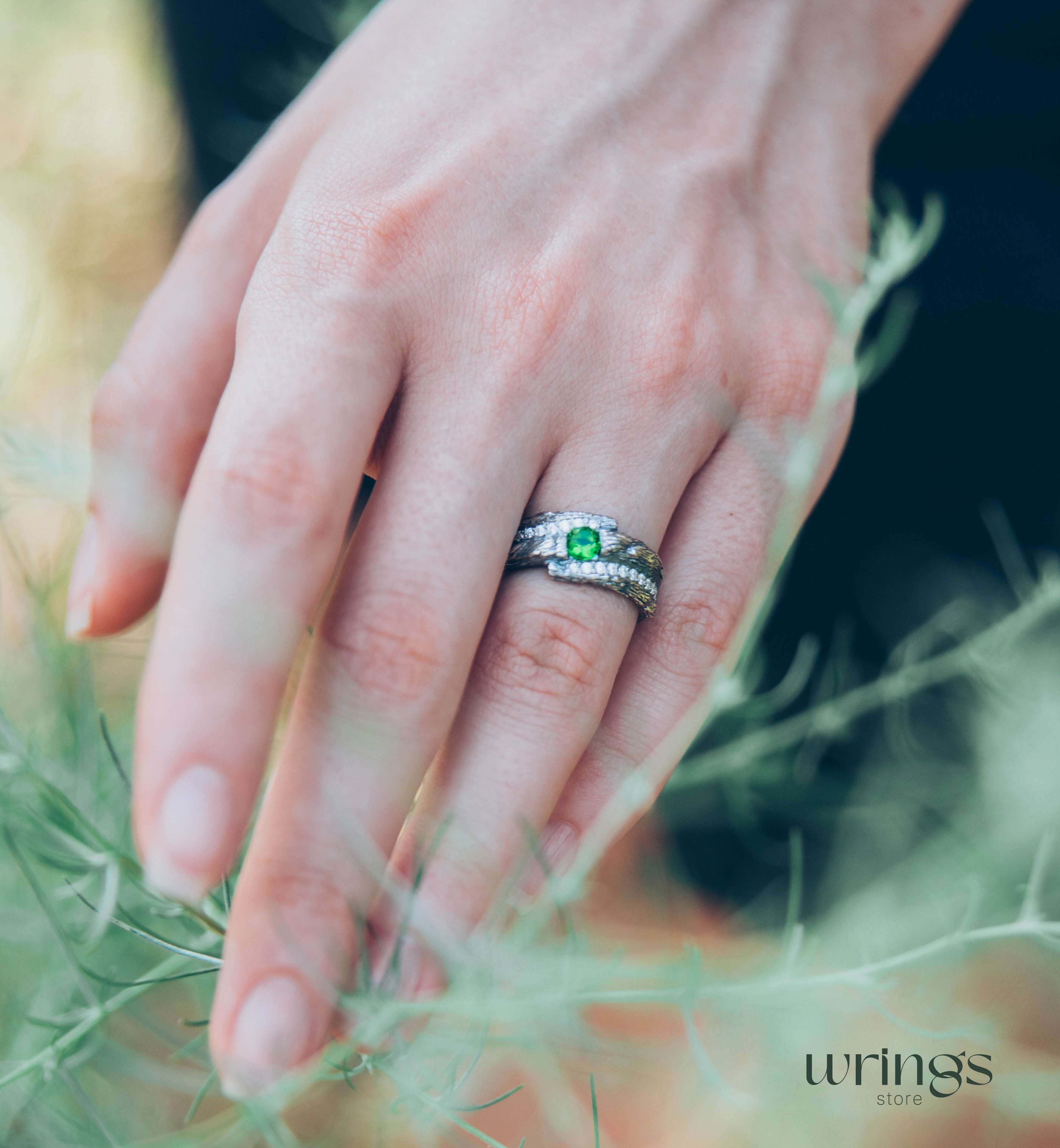 Wide Silver Branch Ring with Magic Emerald & Side CZ