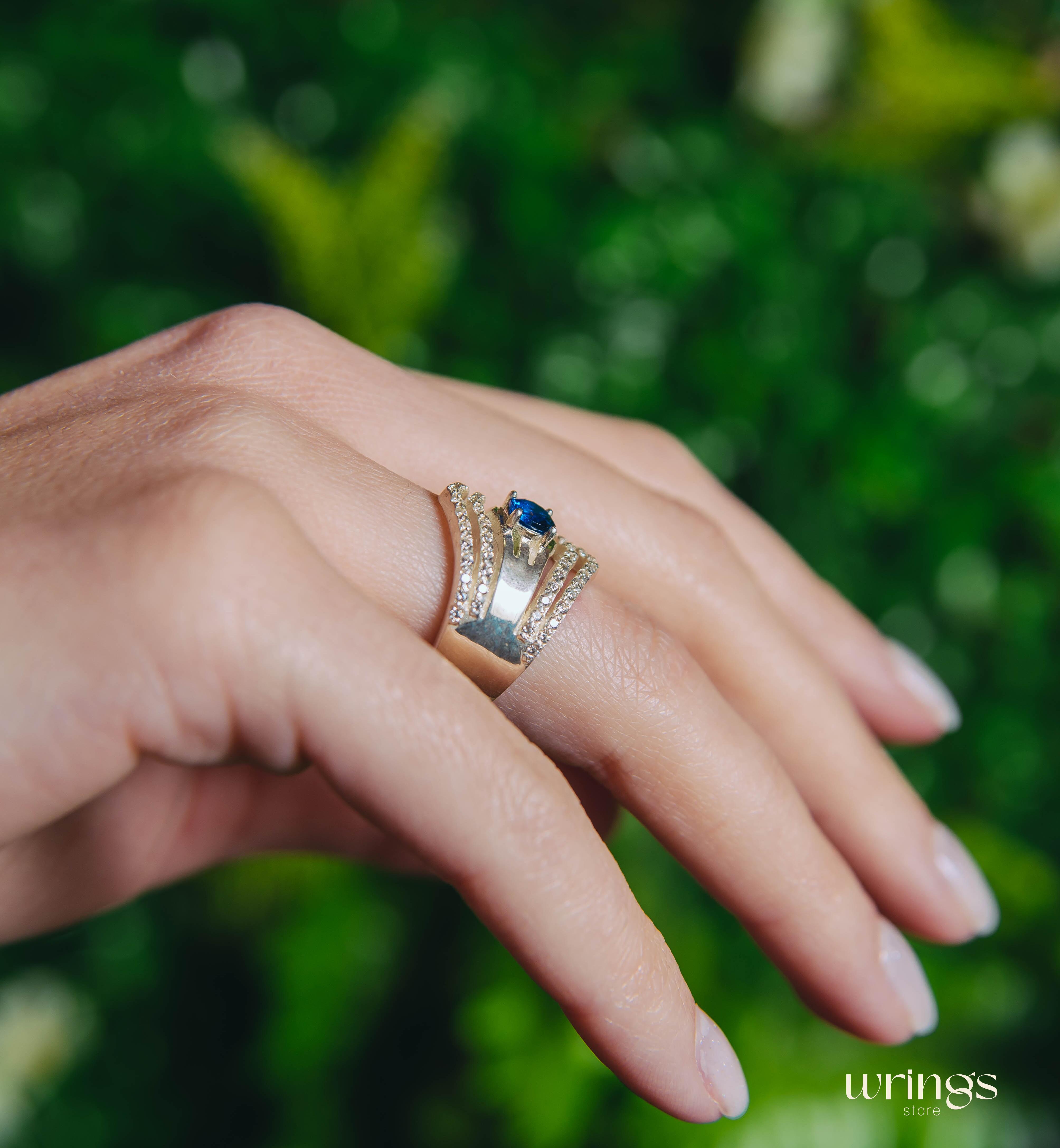 Double Chevron Band LG Blue Sapphire and Diamonds CZ
