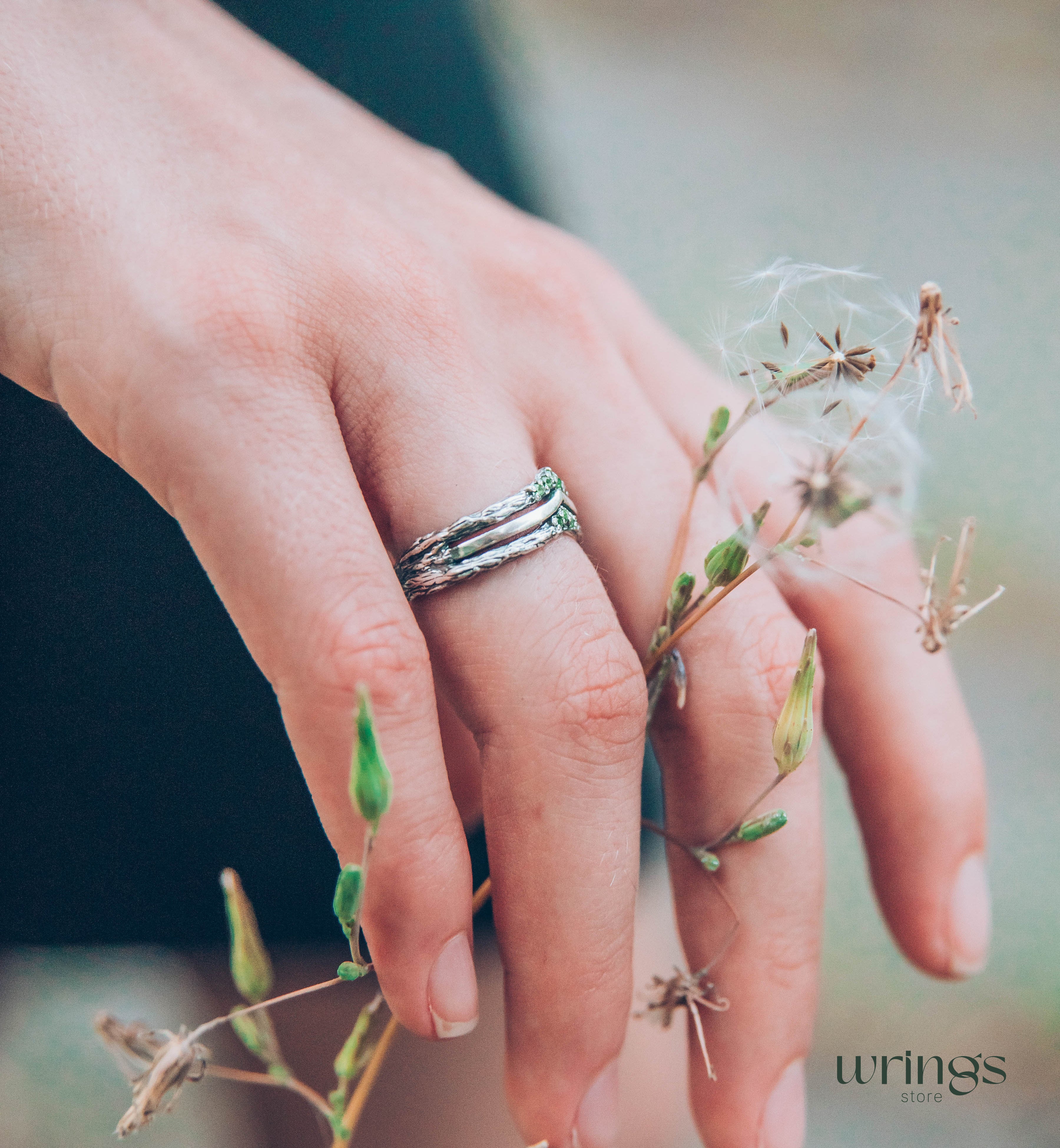Silver Chevron Wedding Ring with Cute Tiny Emeralds