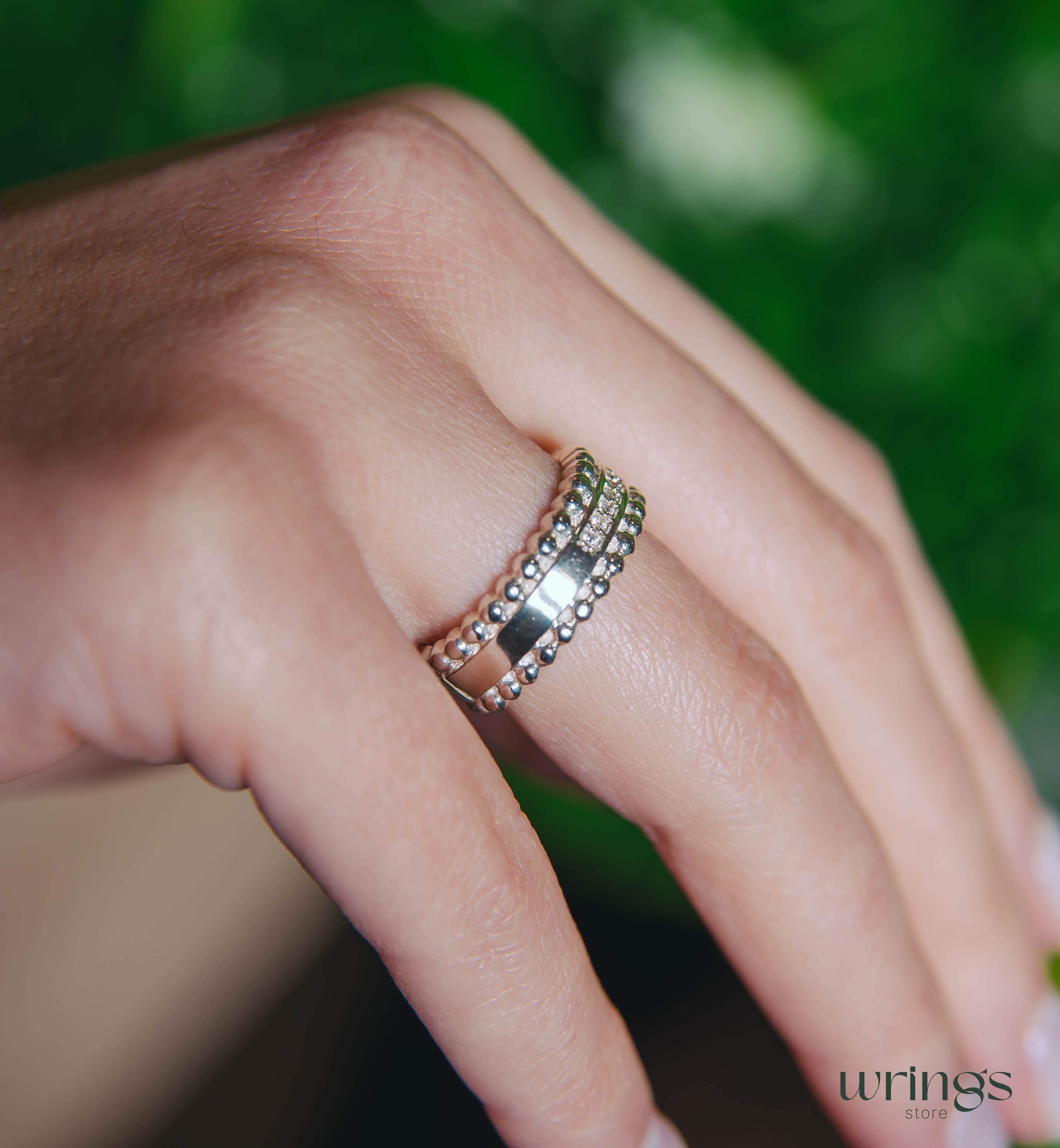 Unique Beaded Silver Half Eternity Band with Diamonds