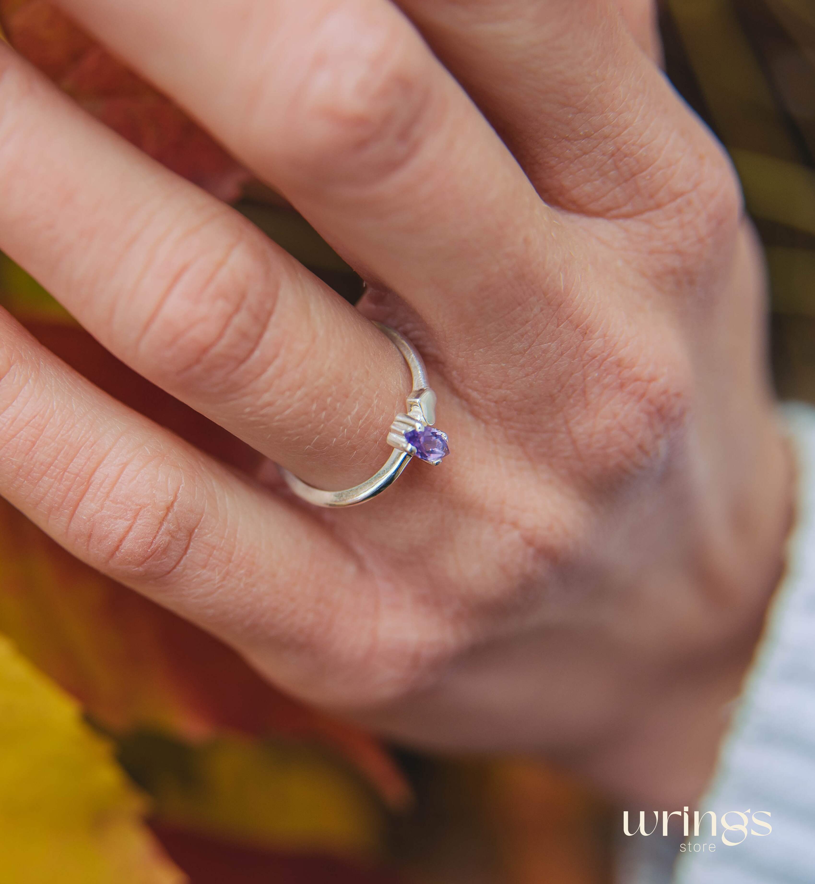 Marquise cut Amethyst Engagement Ring with Side Heart