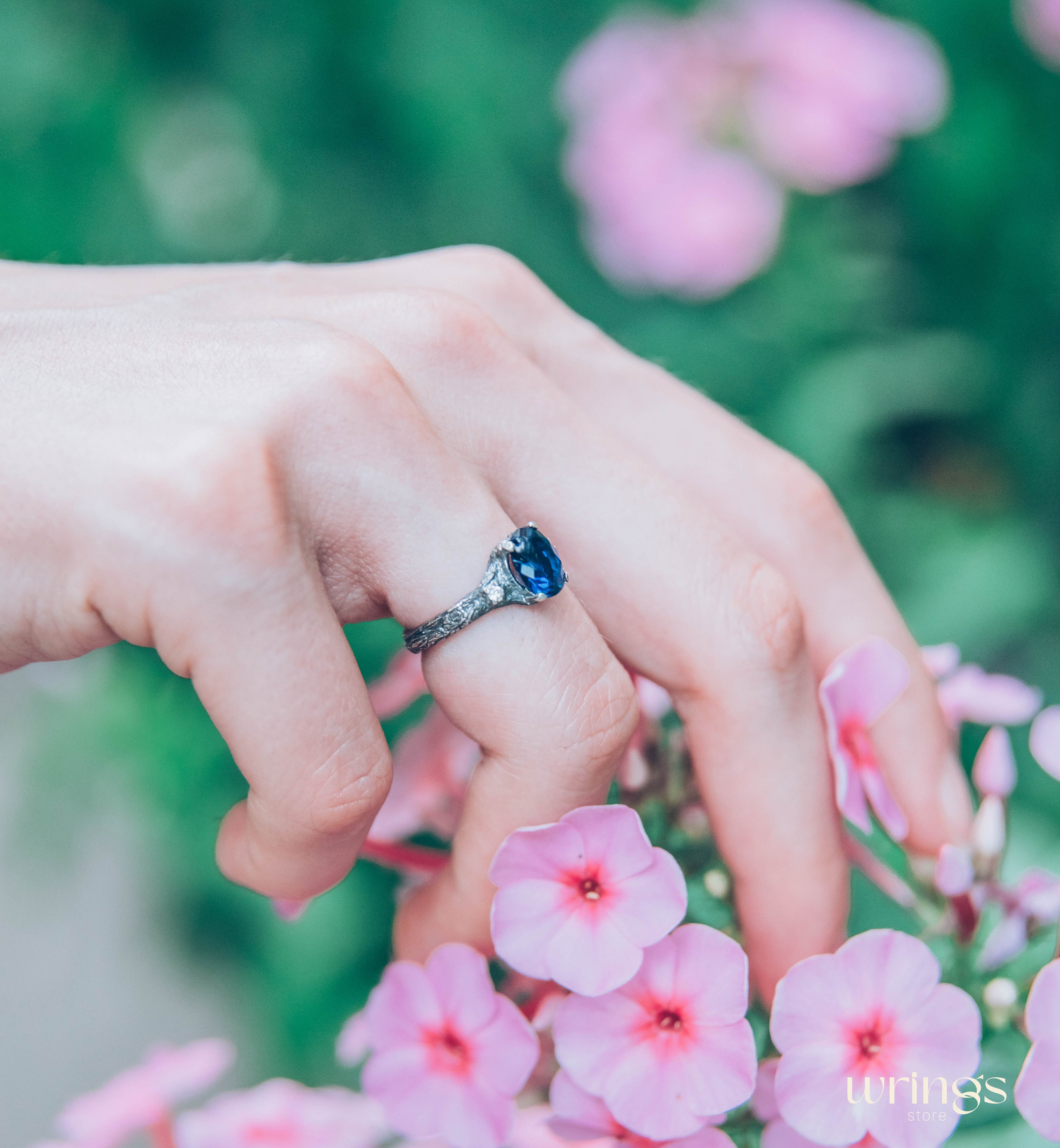 Oval Sapphire with Twig Ring made in Sterling Silver