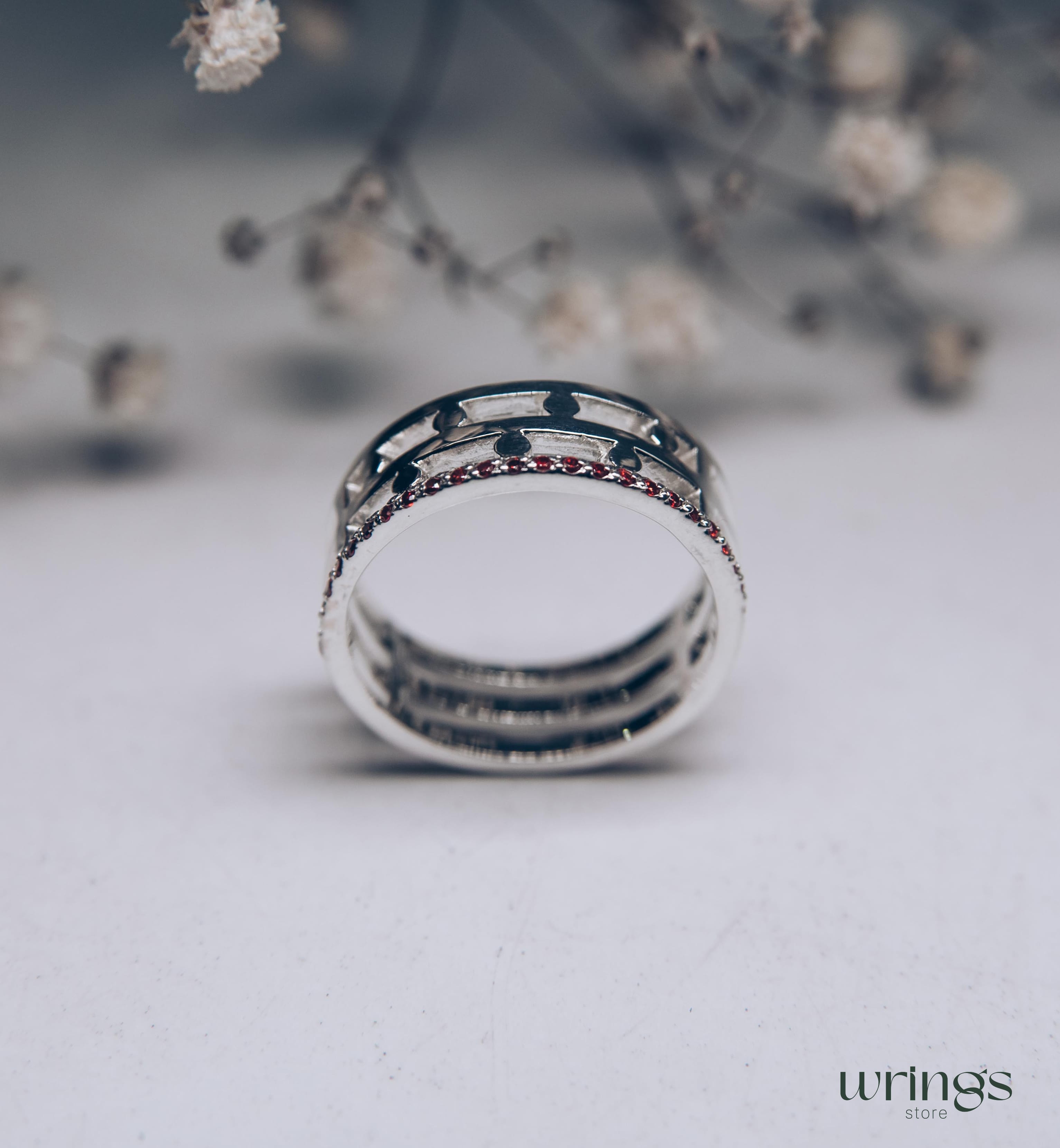Silver Wedding Band Garnets and Dots Modern Style