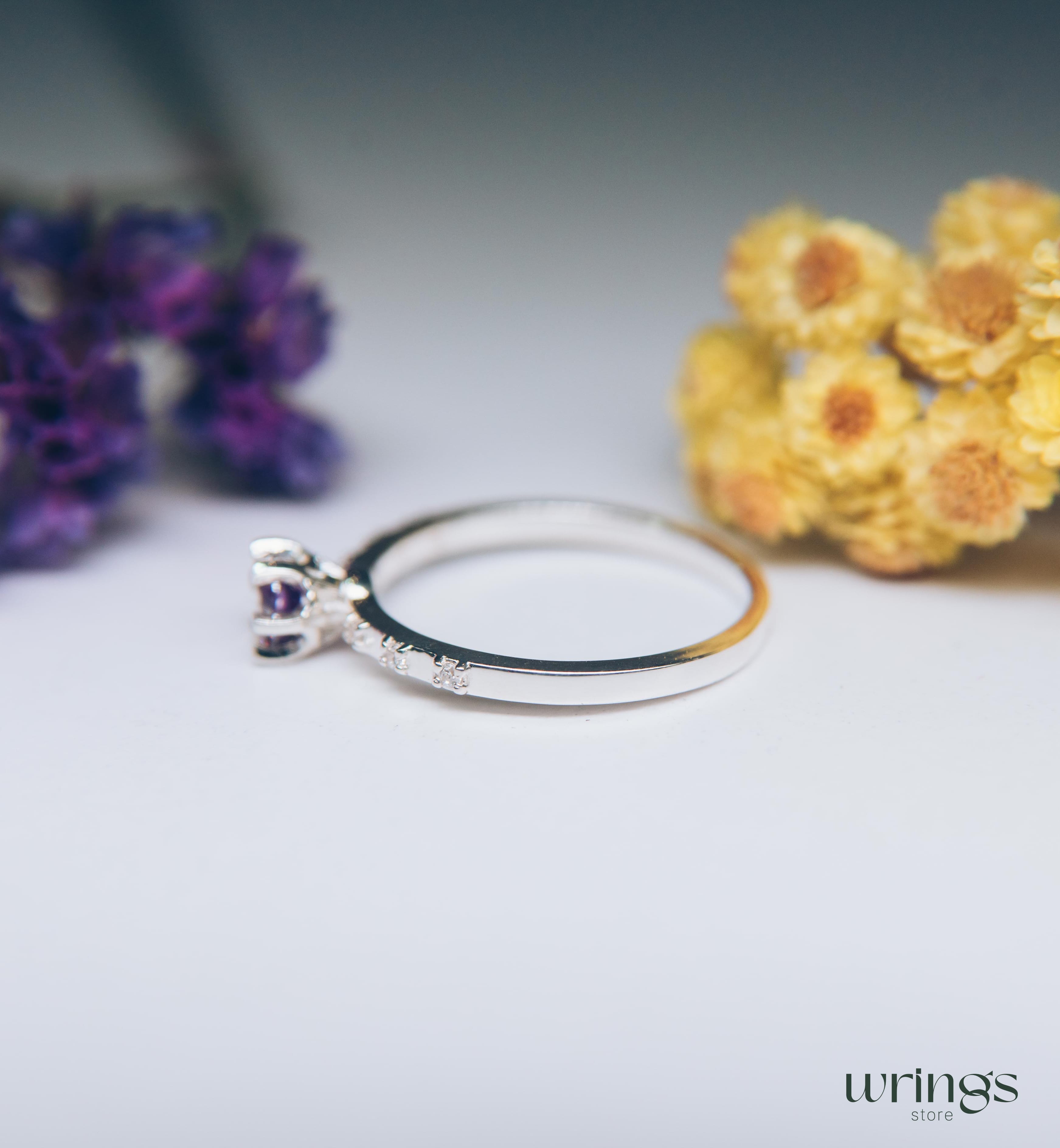 Prong Amethyst Engagement Ring Silver with Side Stones