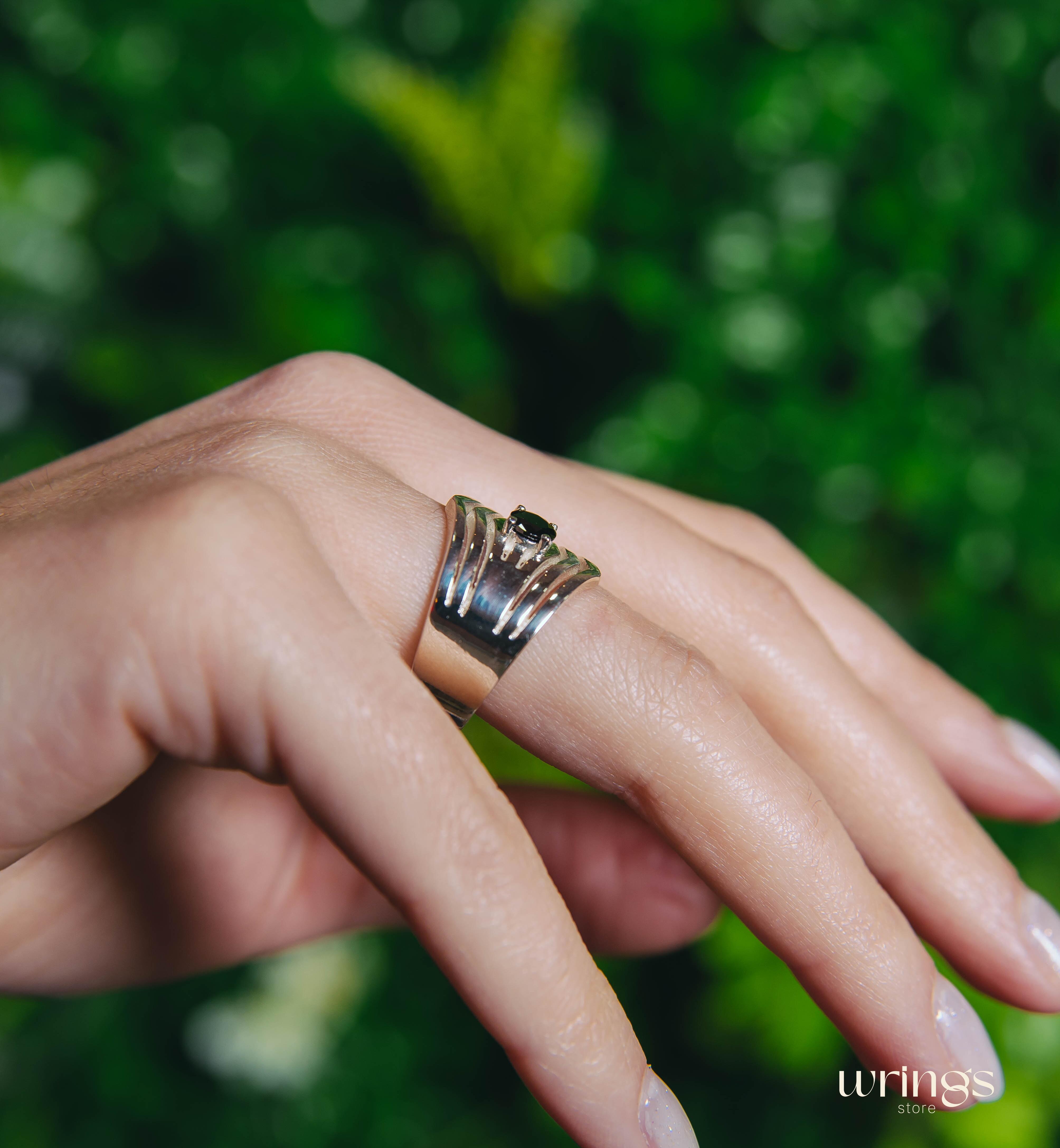 Extra Wide Silver Chevron Band Simulated Black Diamond