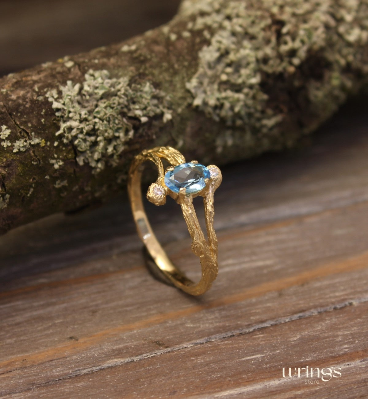 Split Branch Three Stone Topaz Engagement Ring 14k Gold