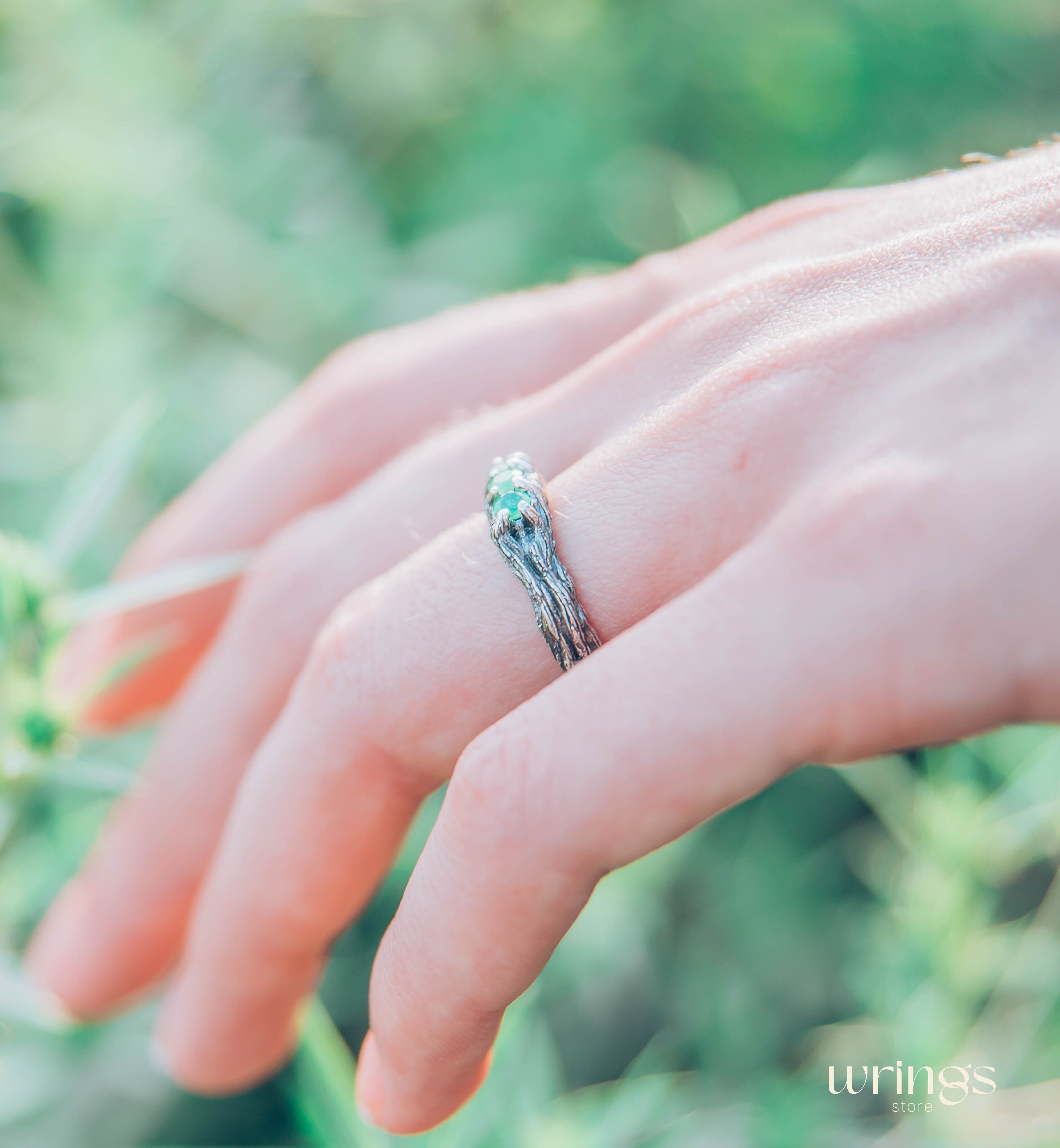 Emeralds on Branch Silver Three Stone Ring for Her