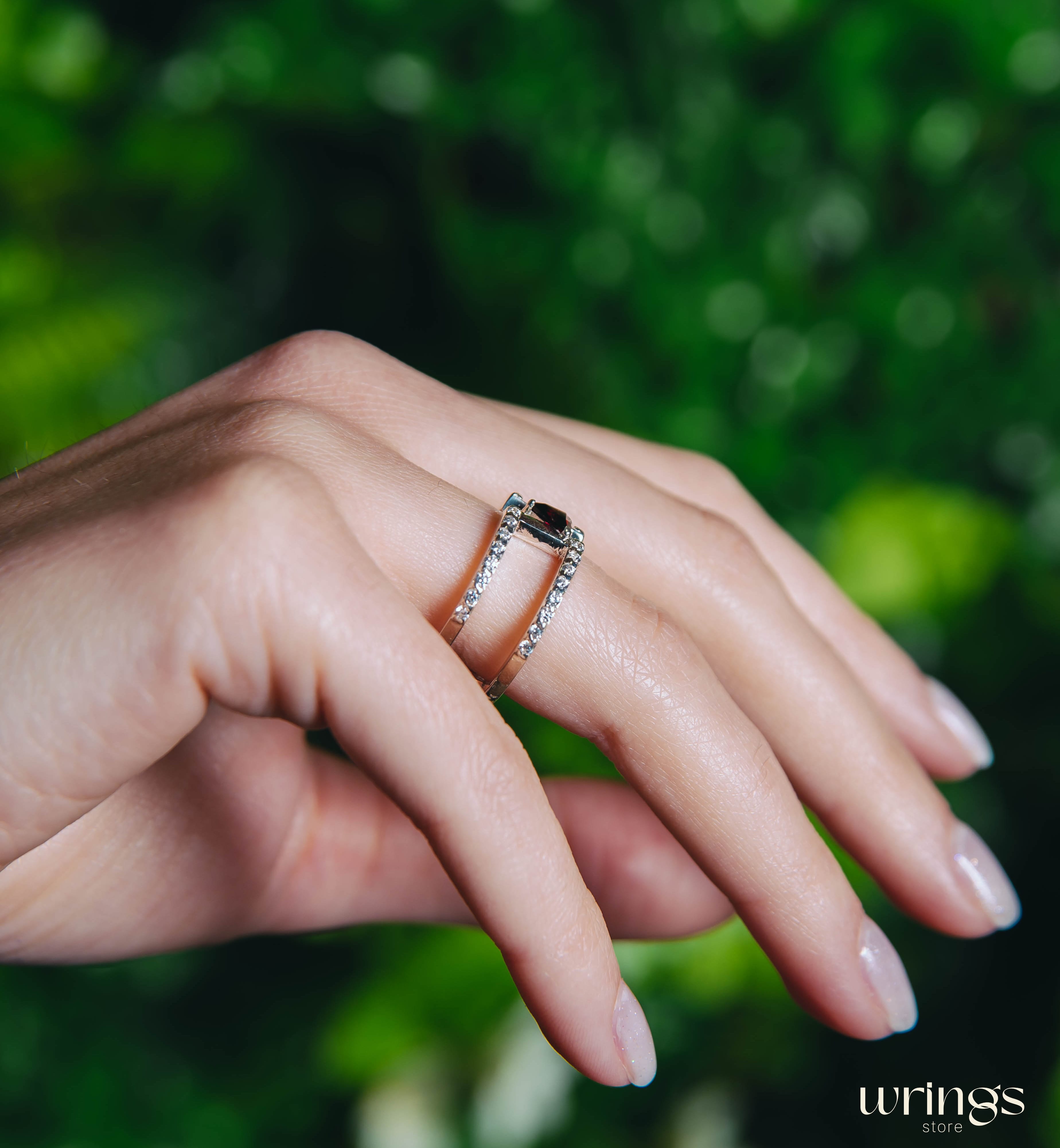 Trillion Garnet Unique Double Engagement Ring CZ Stones