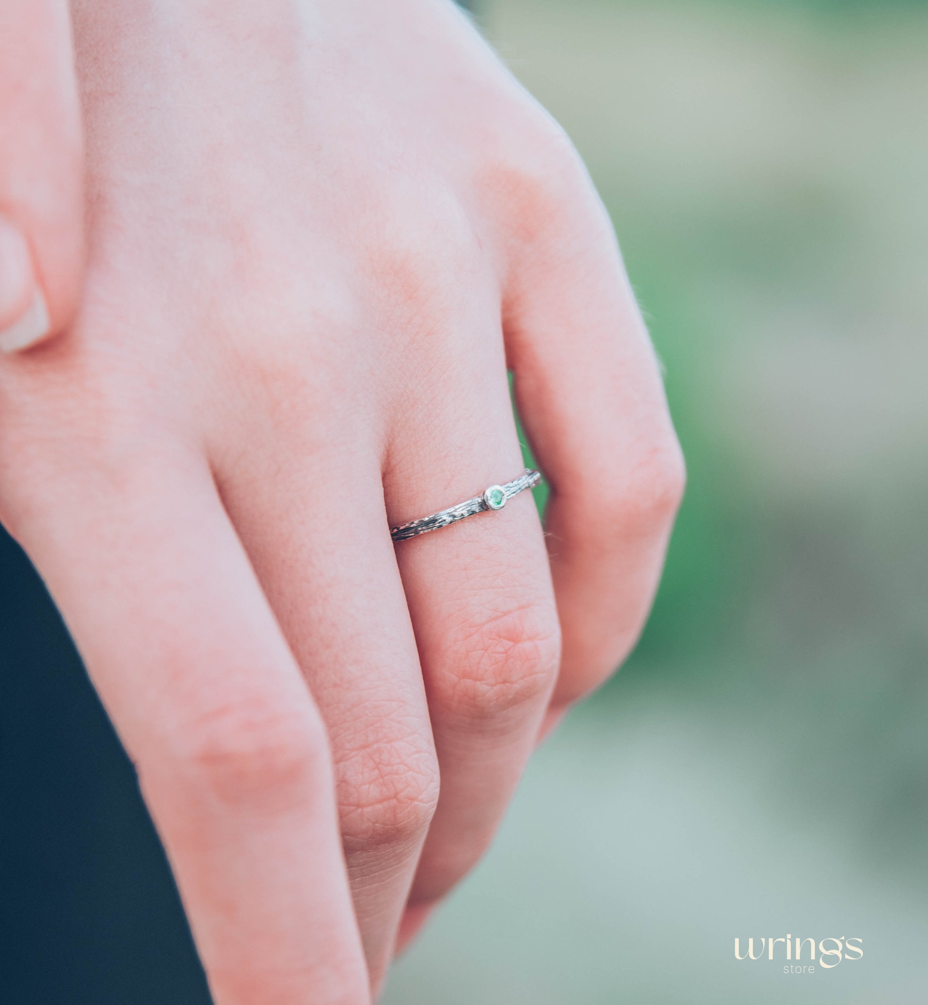 Extra Tiny Silver Branch Wedding Band with Emerald