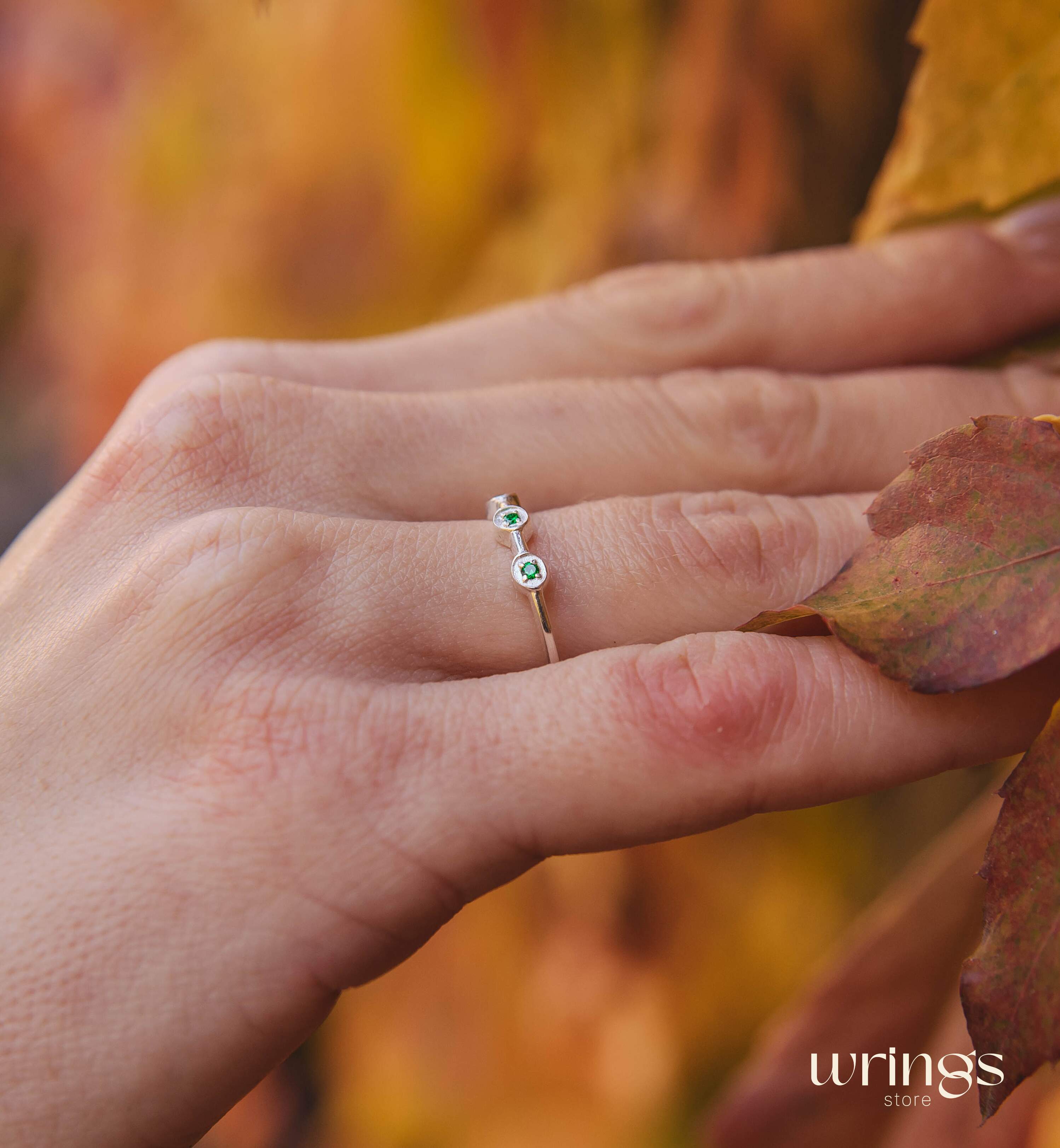 Dainty Emeralds in 3 Small Dots Silver Stackable Ring