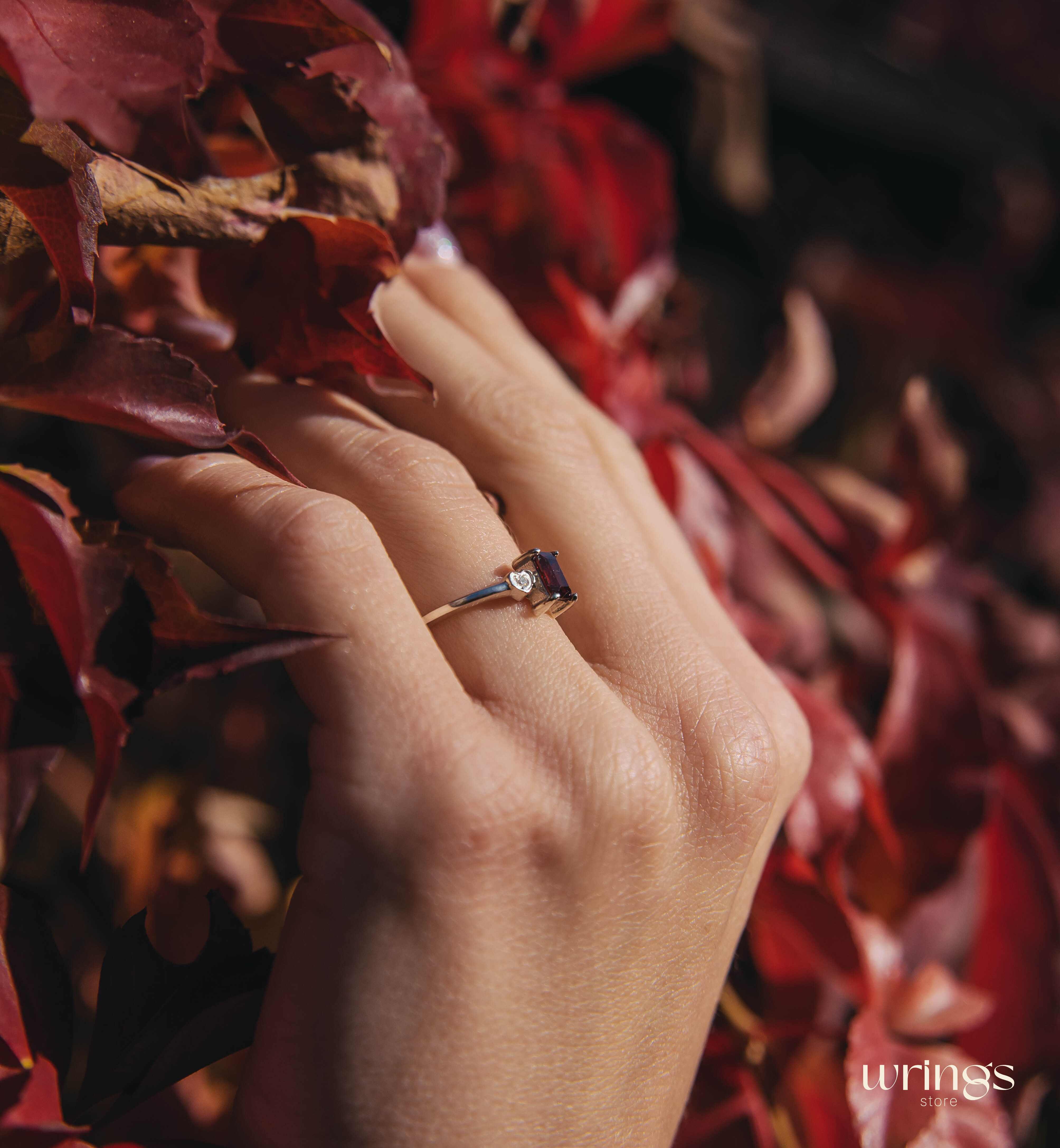 Silver Garnet Engagement Ring & Side Stone CZ in Heart