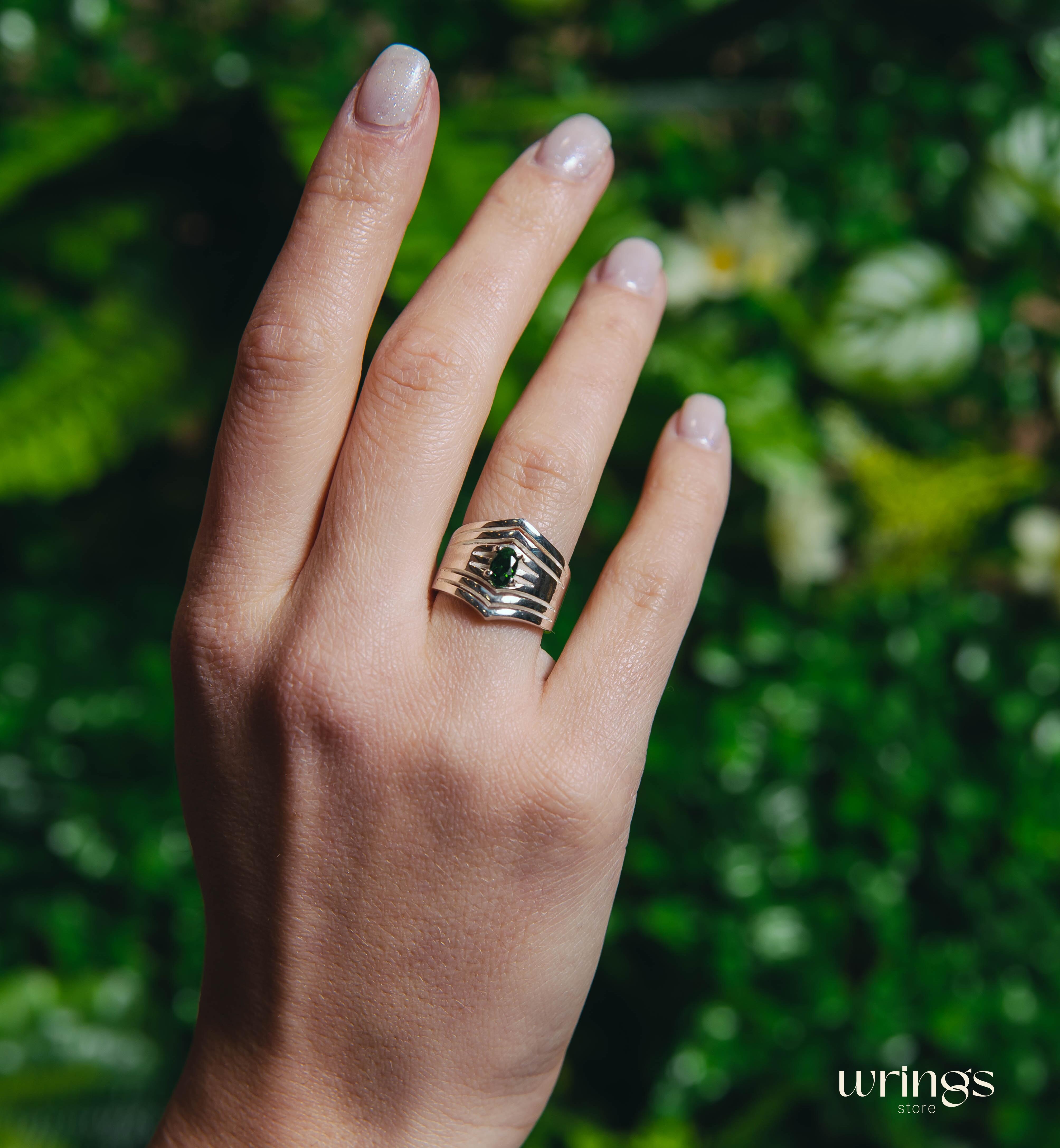 Wide Double Chevron Silver Band with LG Emerald