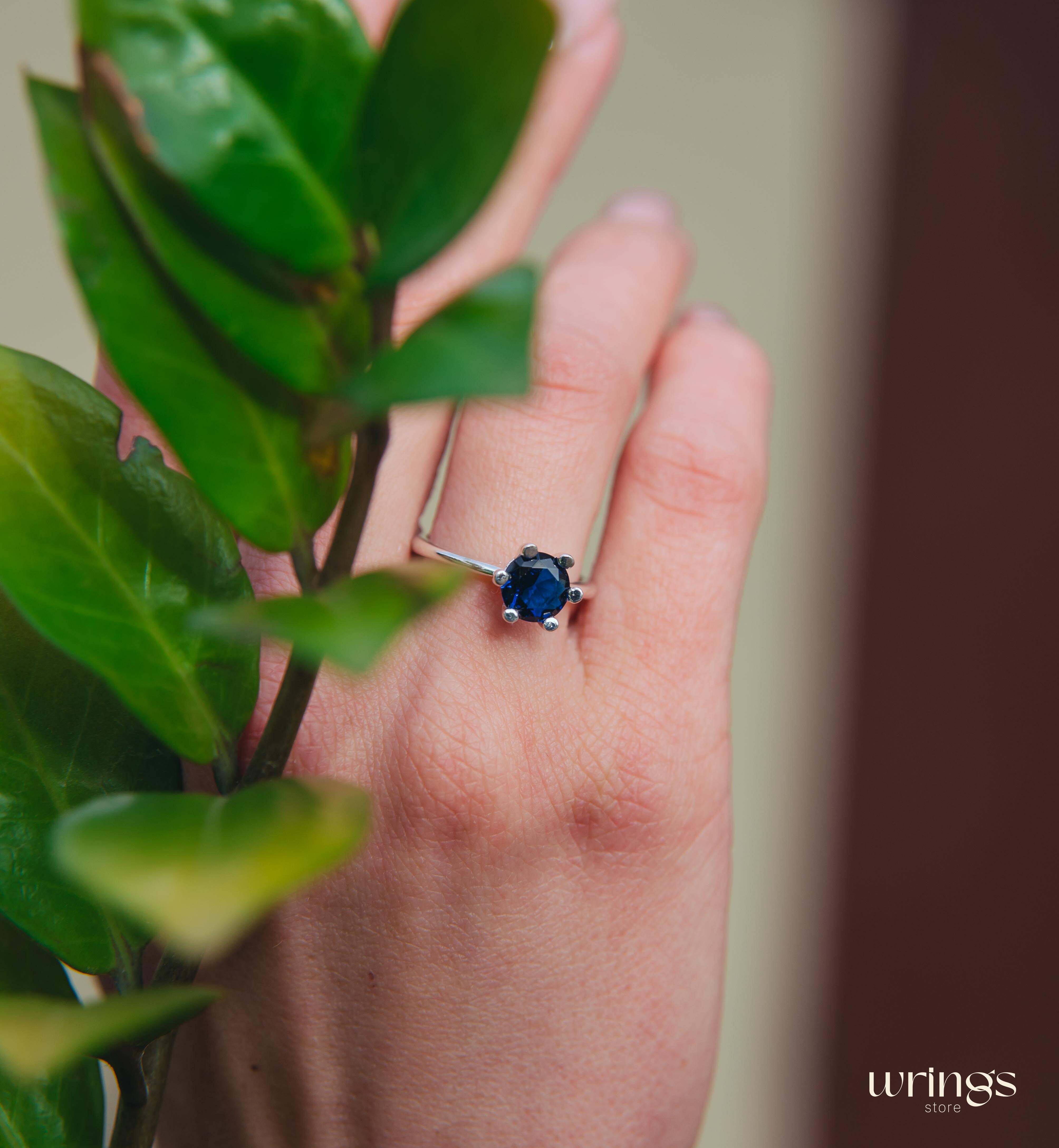 Classic Solitaire Round Sapphire Engagement Ring Silver