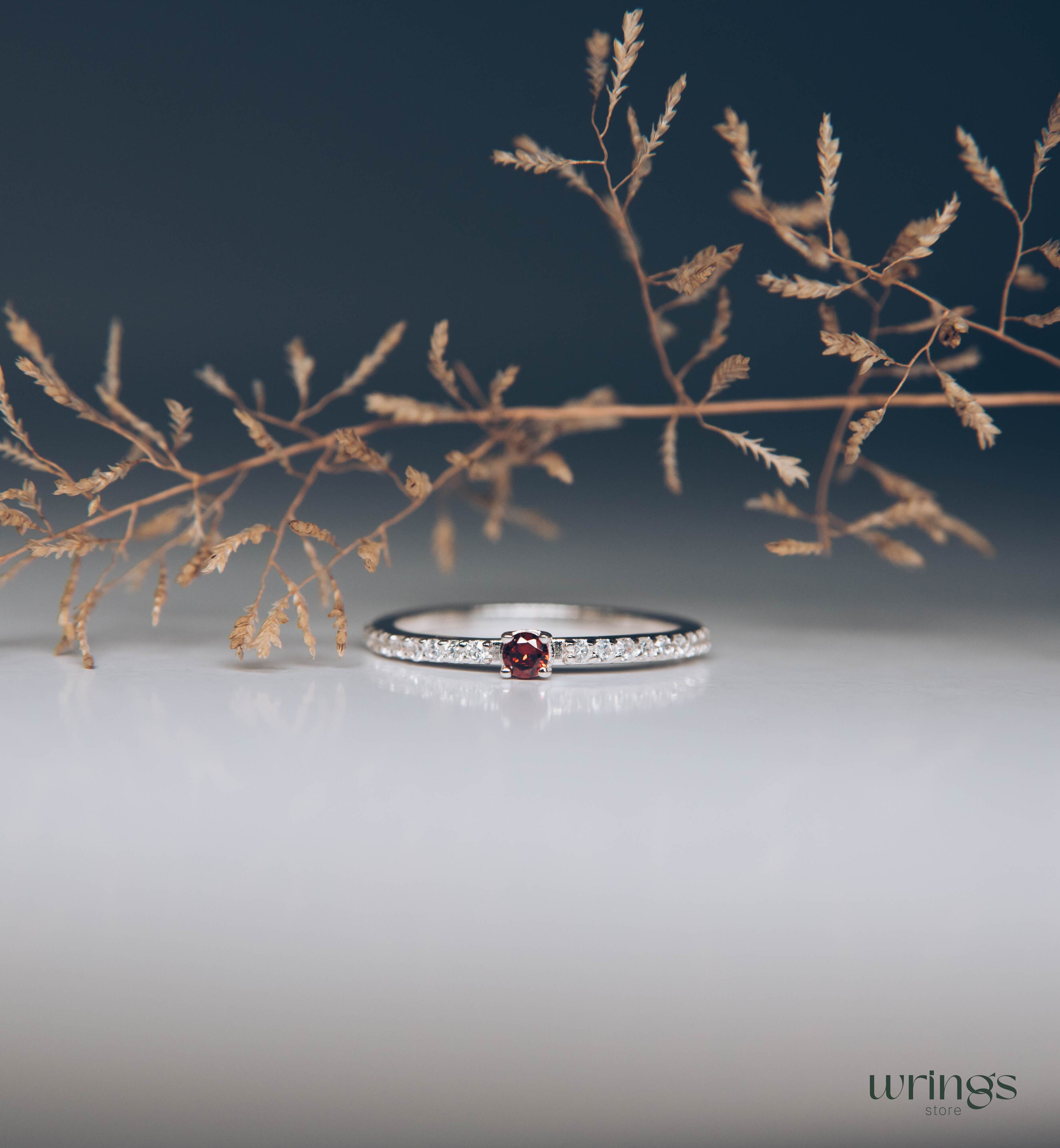 Dainty Garnet & Side Stones Silver Engagement Ring