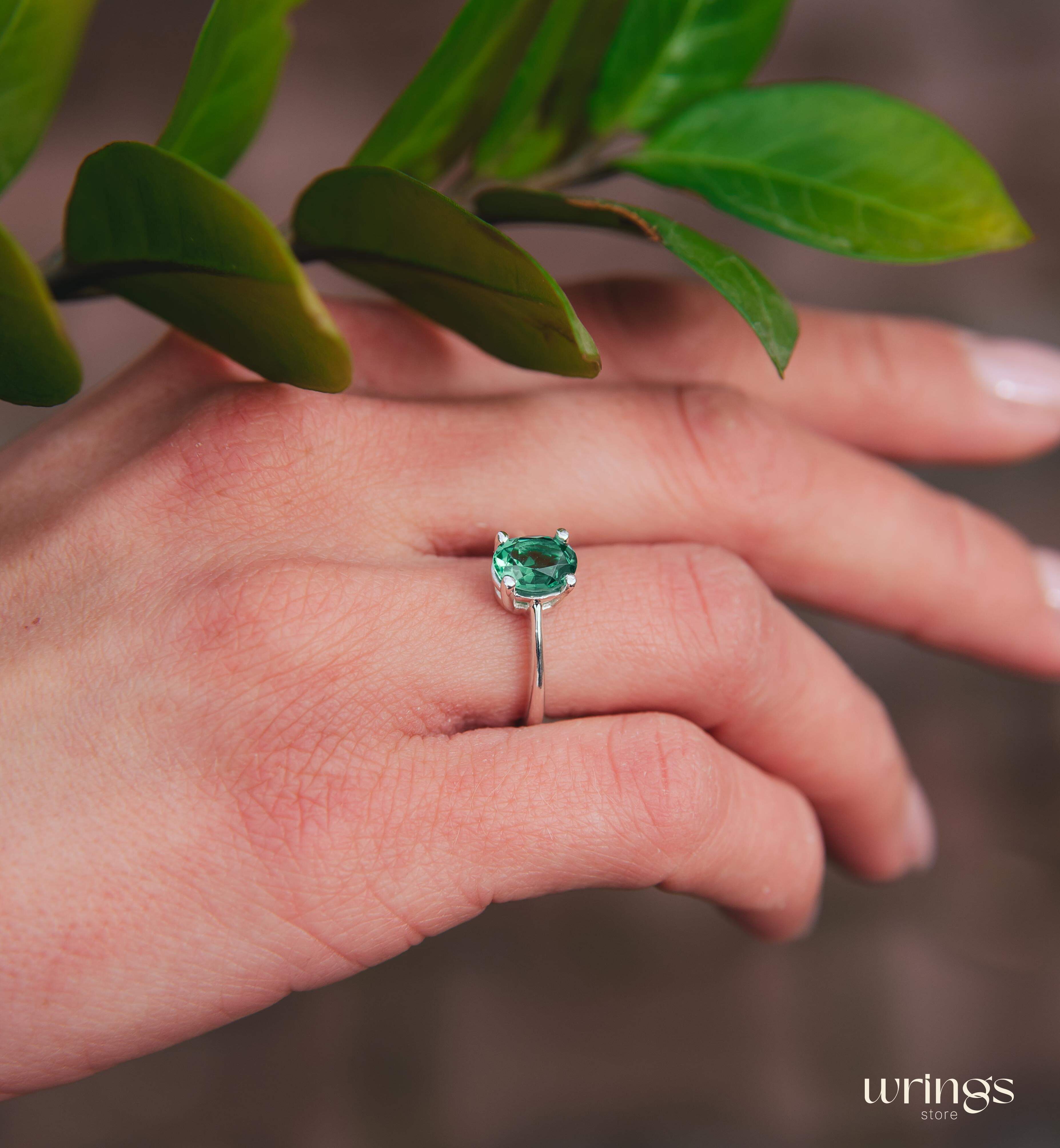 Big Oval Green Quartz Classic Solitaire Engagement Ring