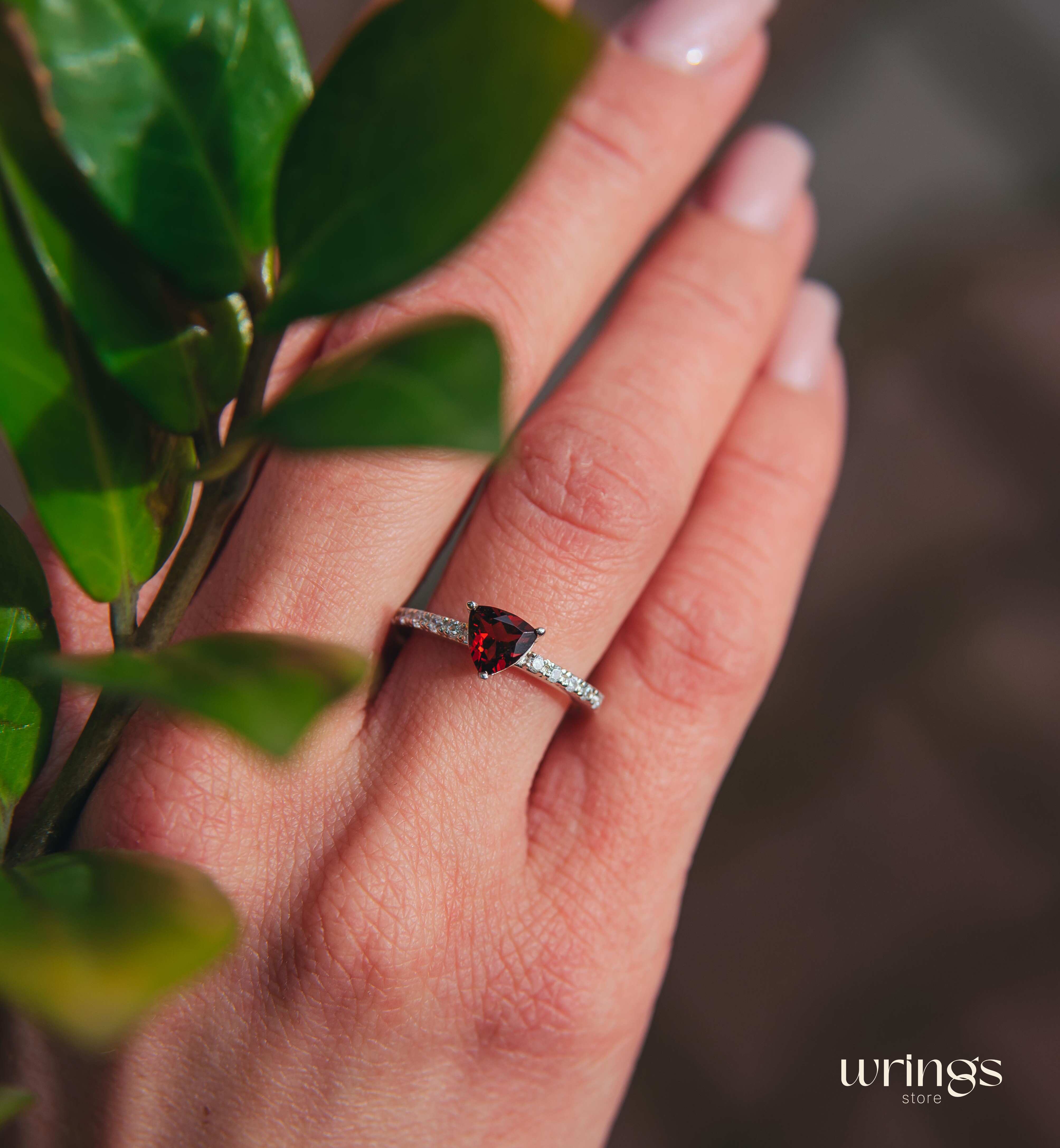 Trilliant Garnet Engagement Ring Silver & Side CZ Stones