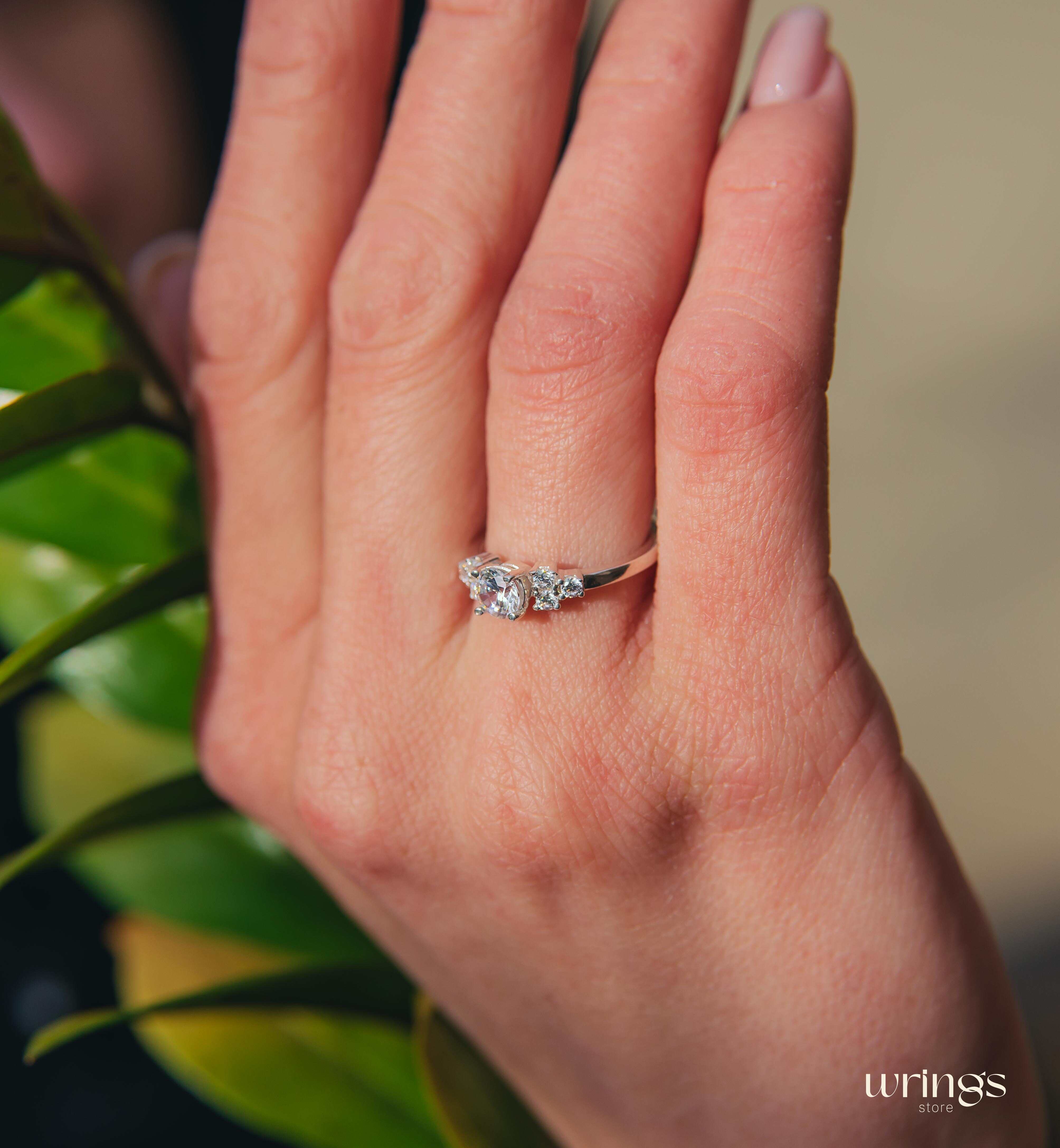 Round Cubic Zirconia Cluster Engagement Ring in 925 Silver