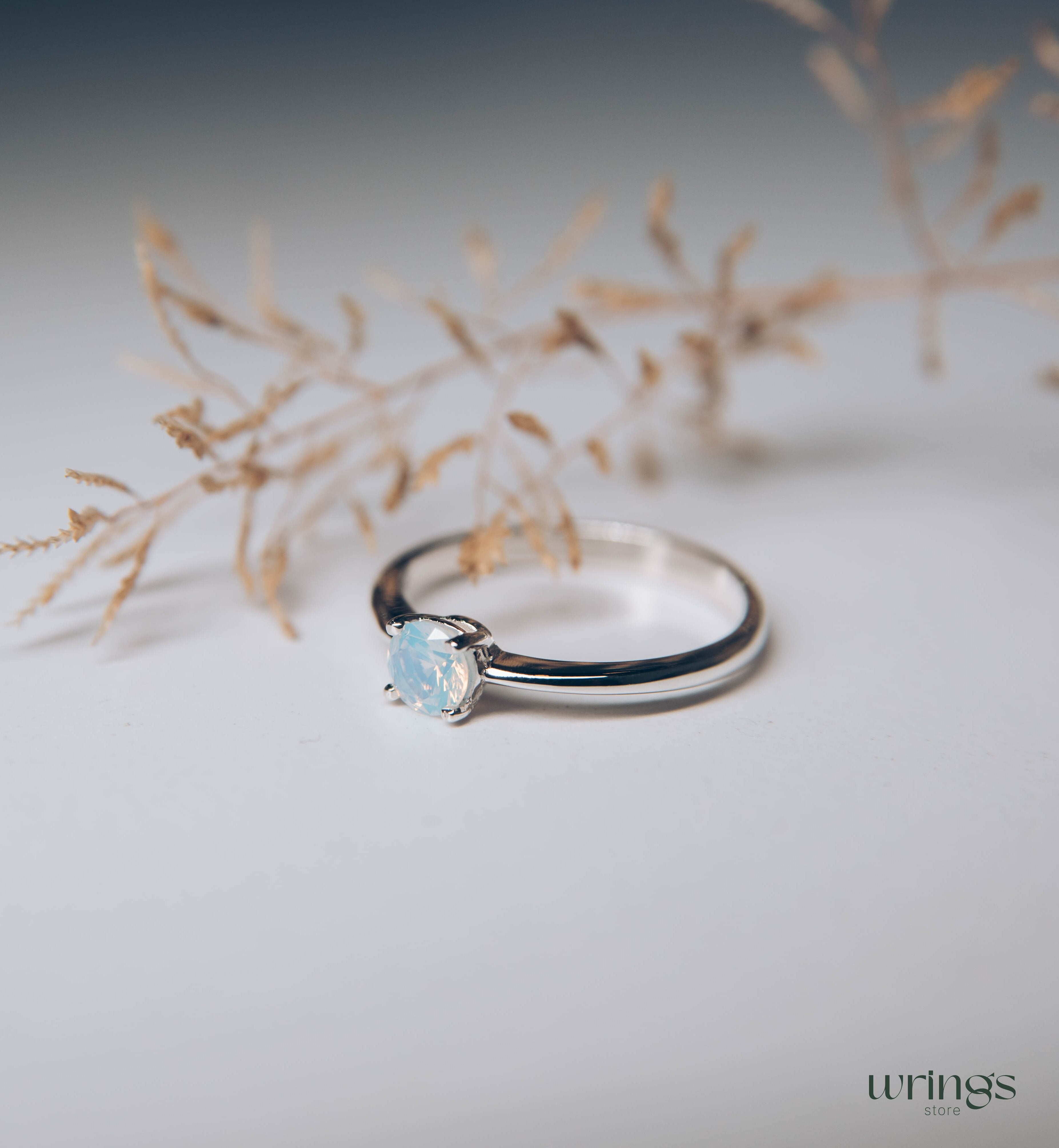 Round Moonstone Classic Silver Solitaire Engagement Ring