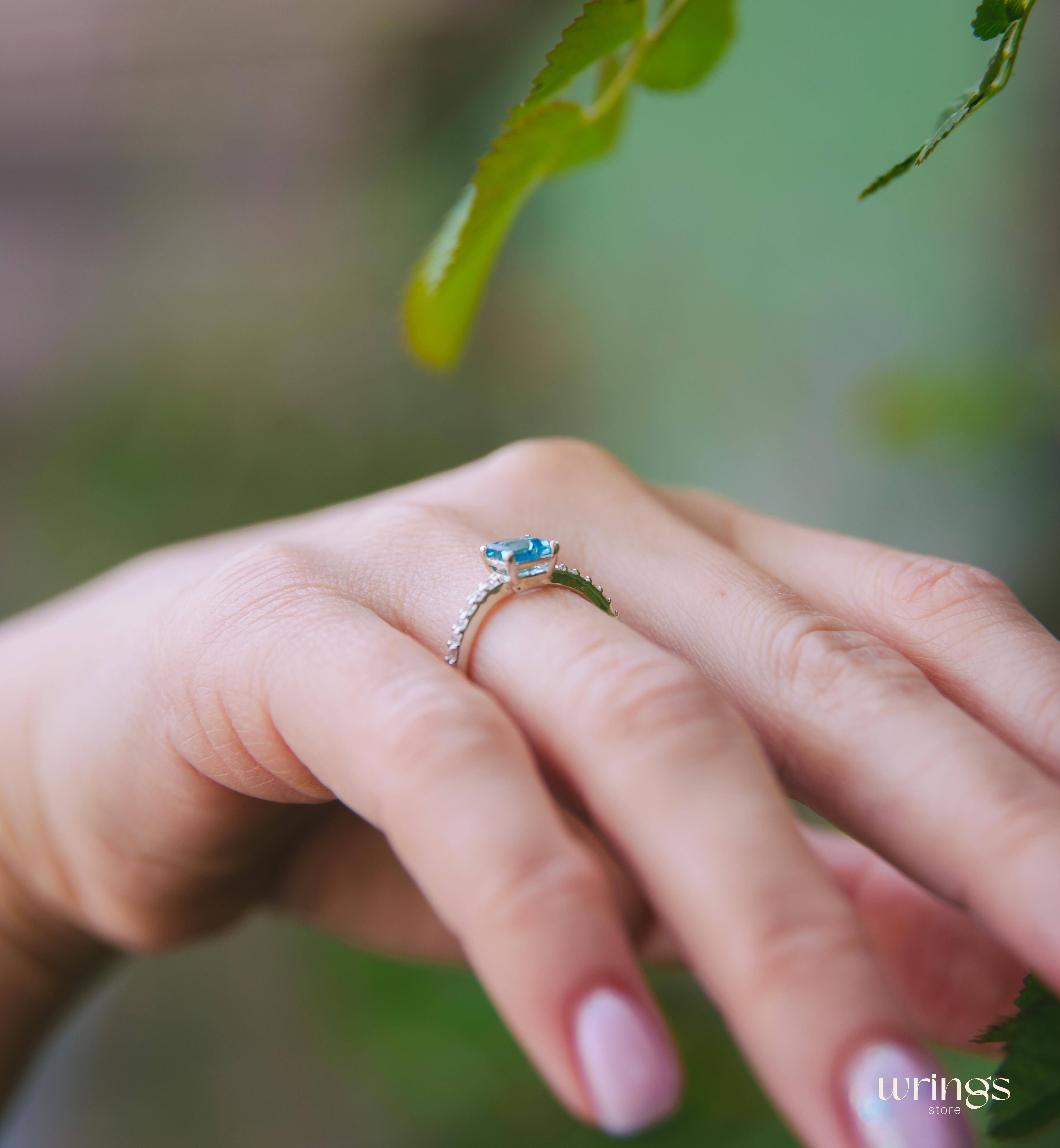 Square Blue Topaz Engagement Ring Silver & CZ Side Stones