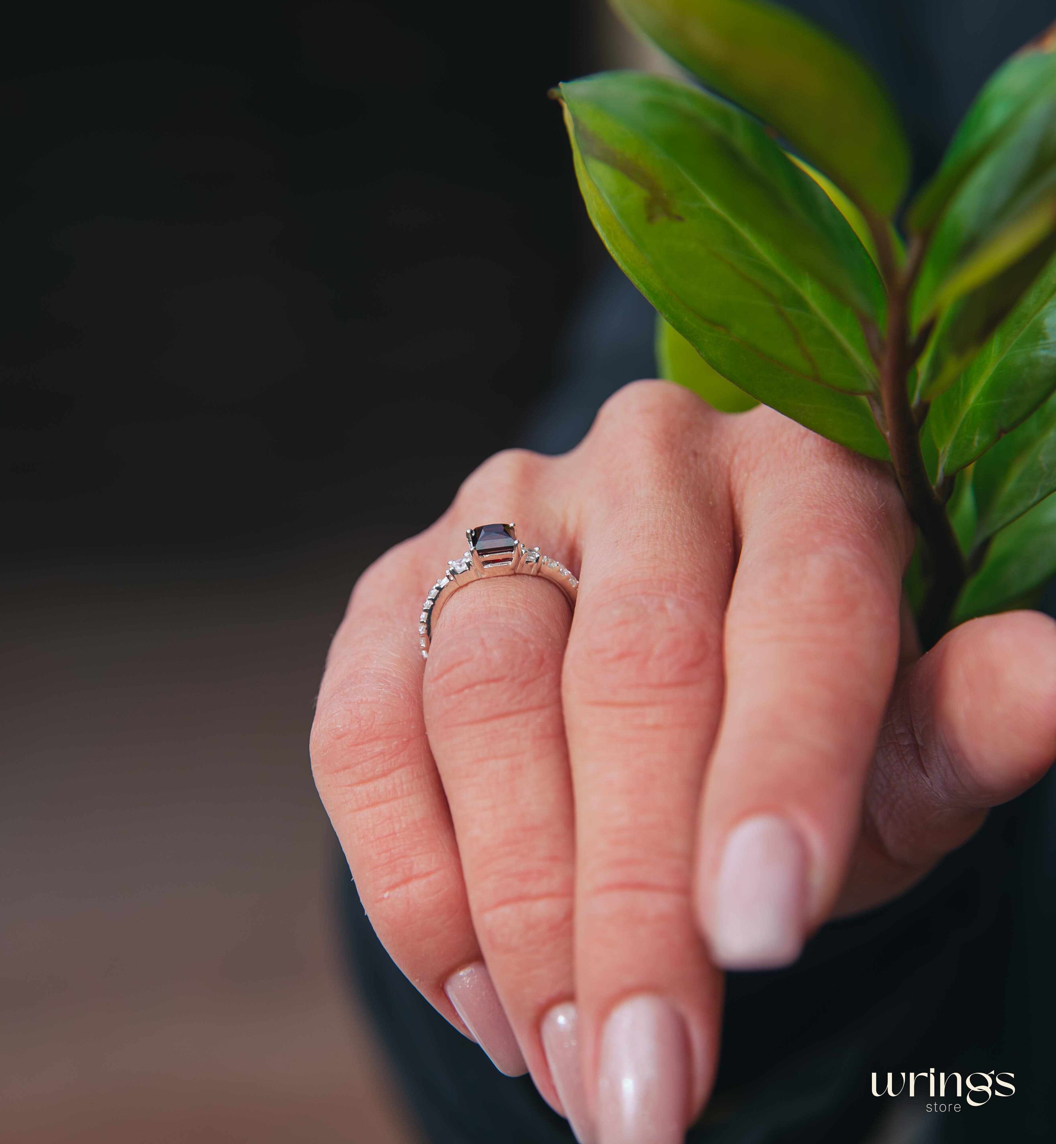 Square Cut Garnet Engagement Ring Silver with accents