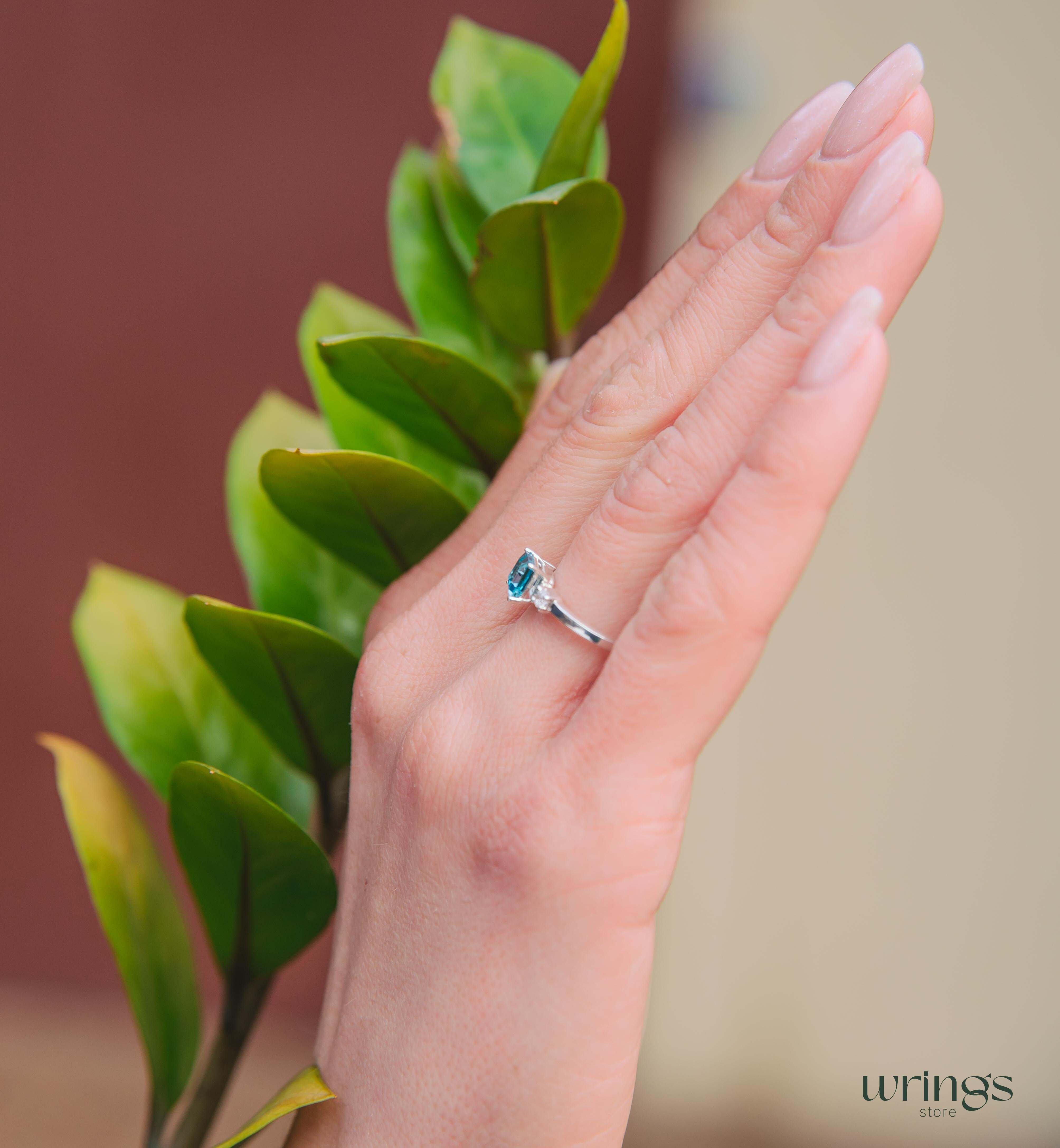 Square Swiss Topaz 3 Stone Engagement Ring Silver