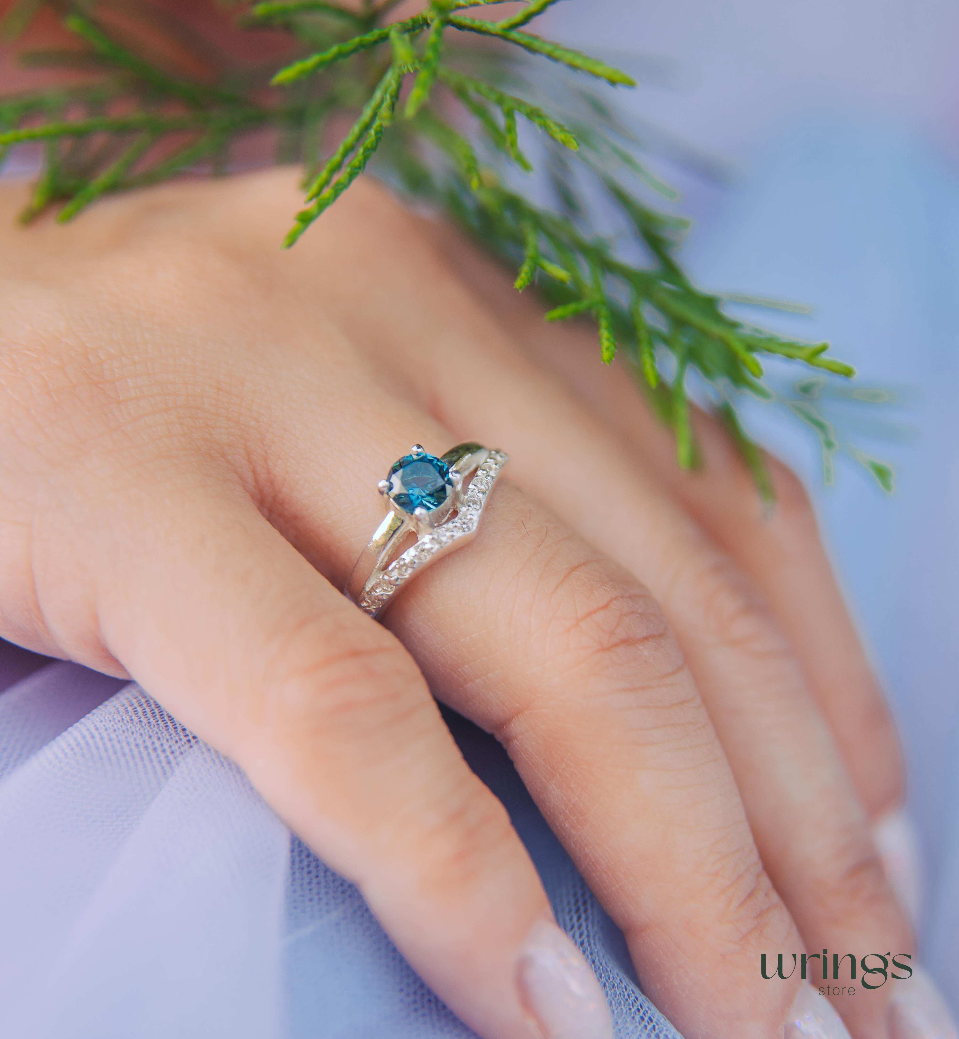 London Blue Topaz Chevron Engagement Ring Silver & CZ