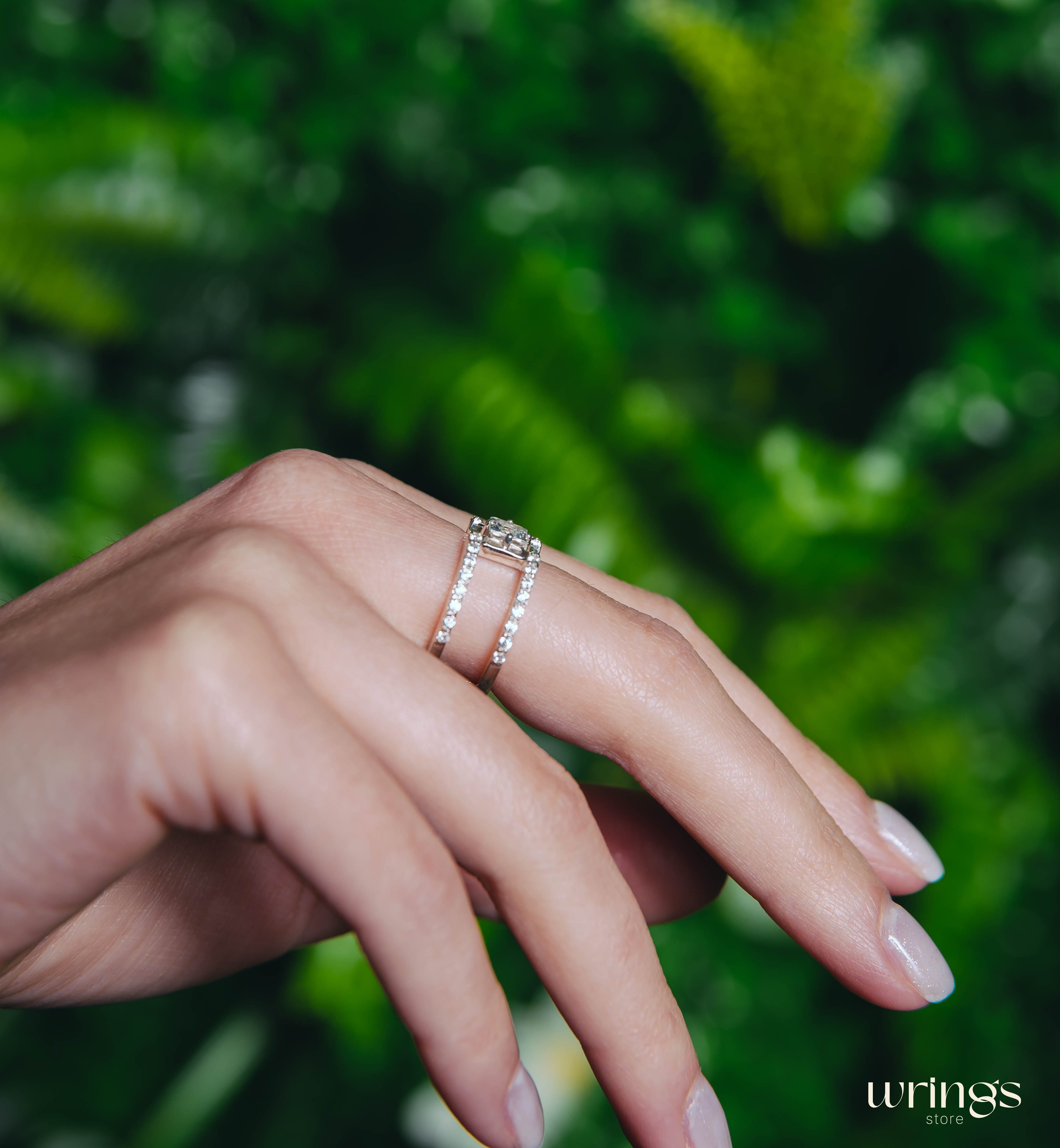 Double Band Silver Cocktail Ring Square Faux Diamond