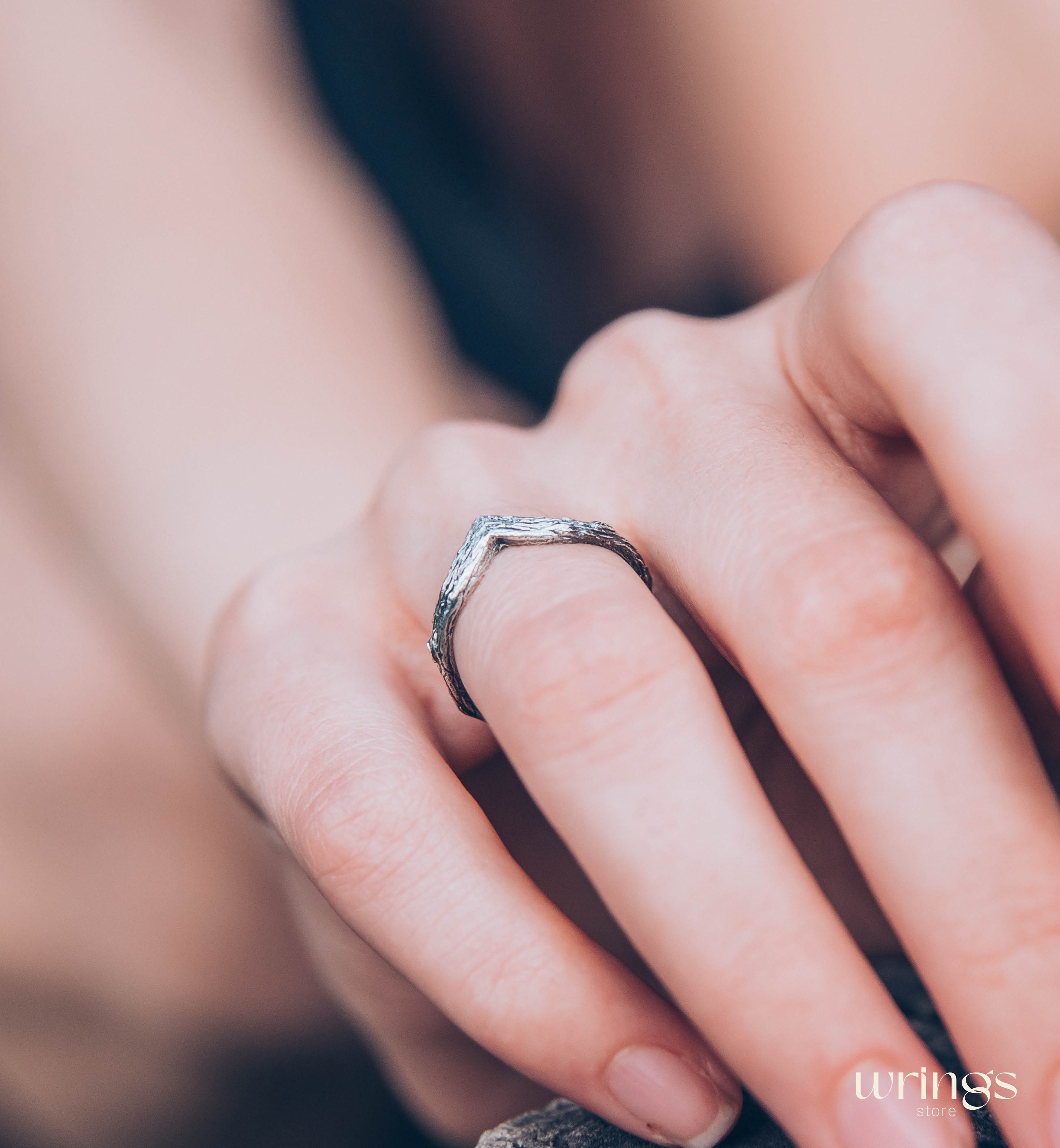 Tree bark Silver Simple Chevron Wedding Band