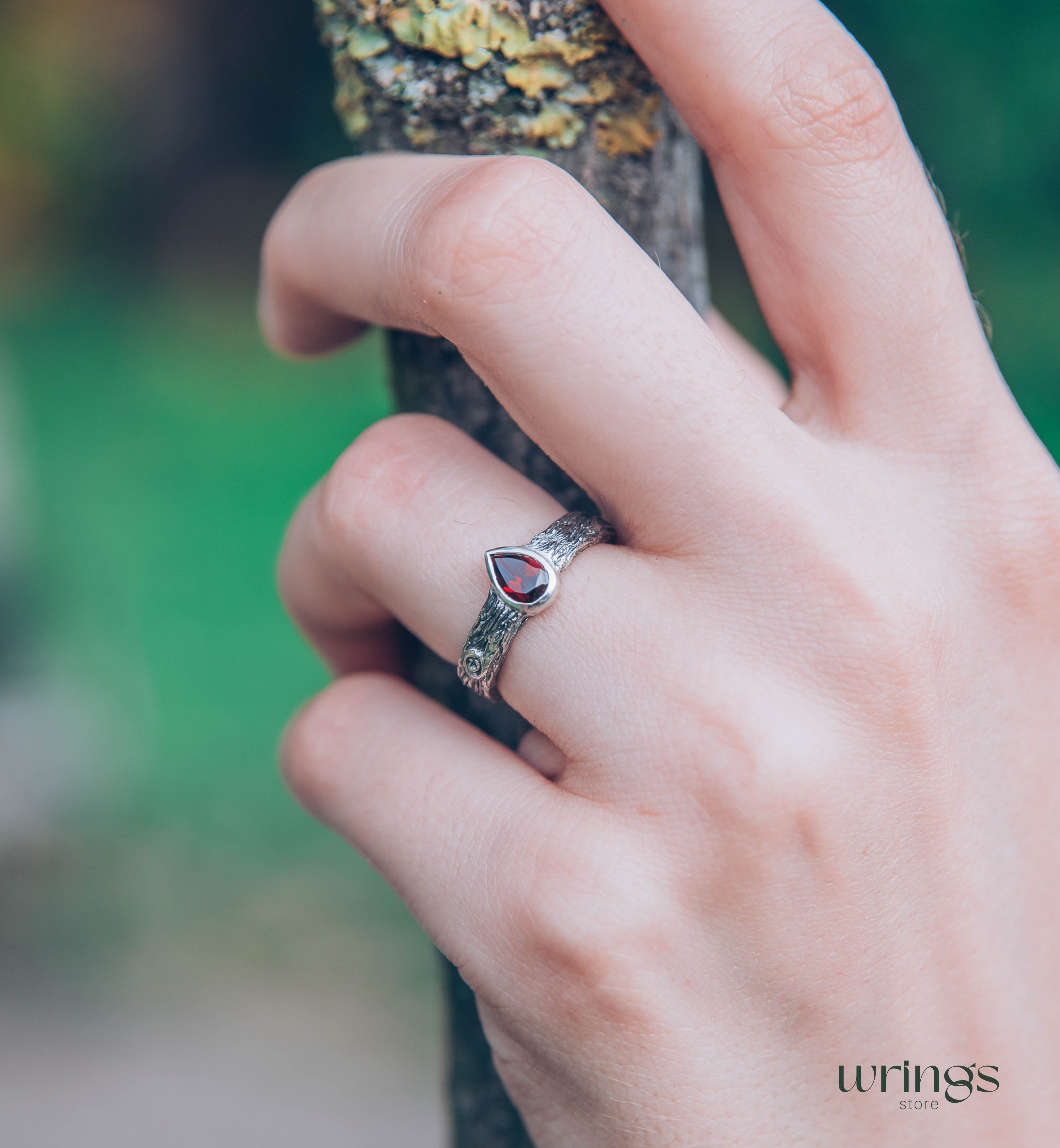 Pear cut Garnet Ring with Sterling Silver Tree bark