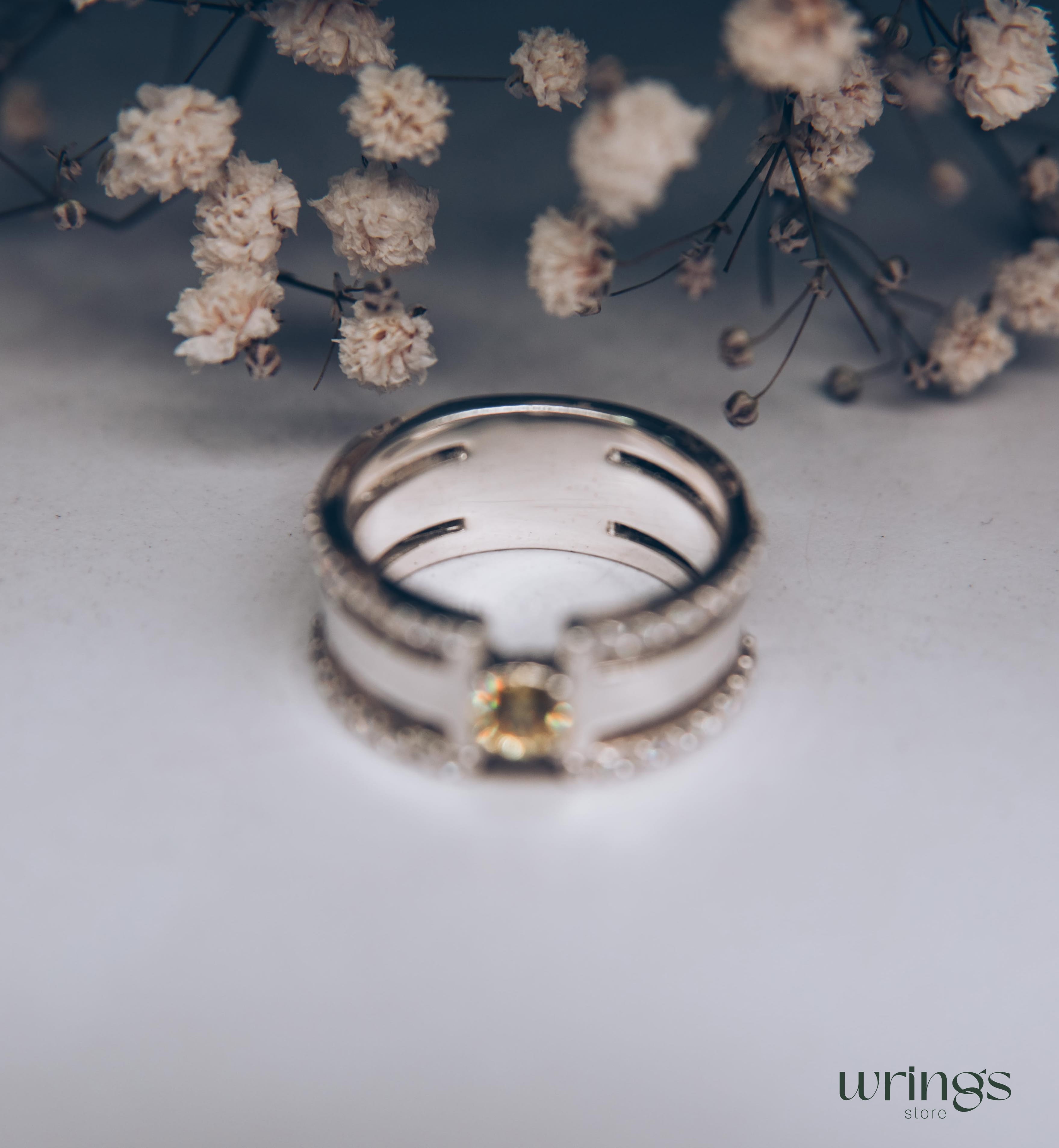 Citrine Engagement Ring Modernist Extra Wide Band Silver