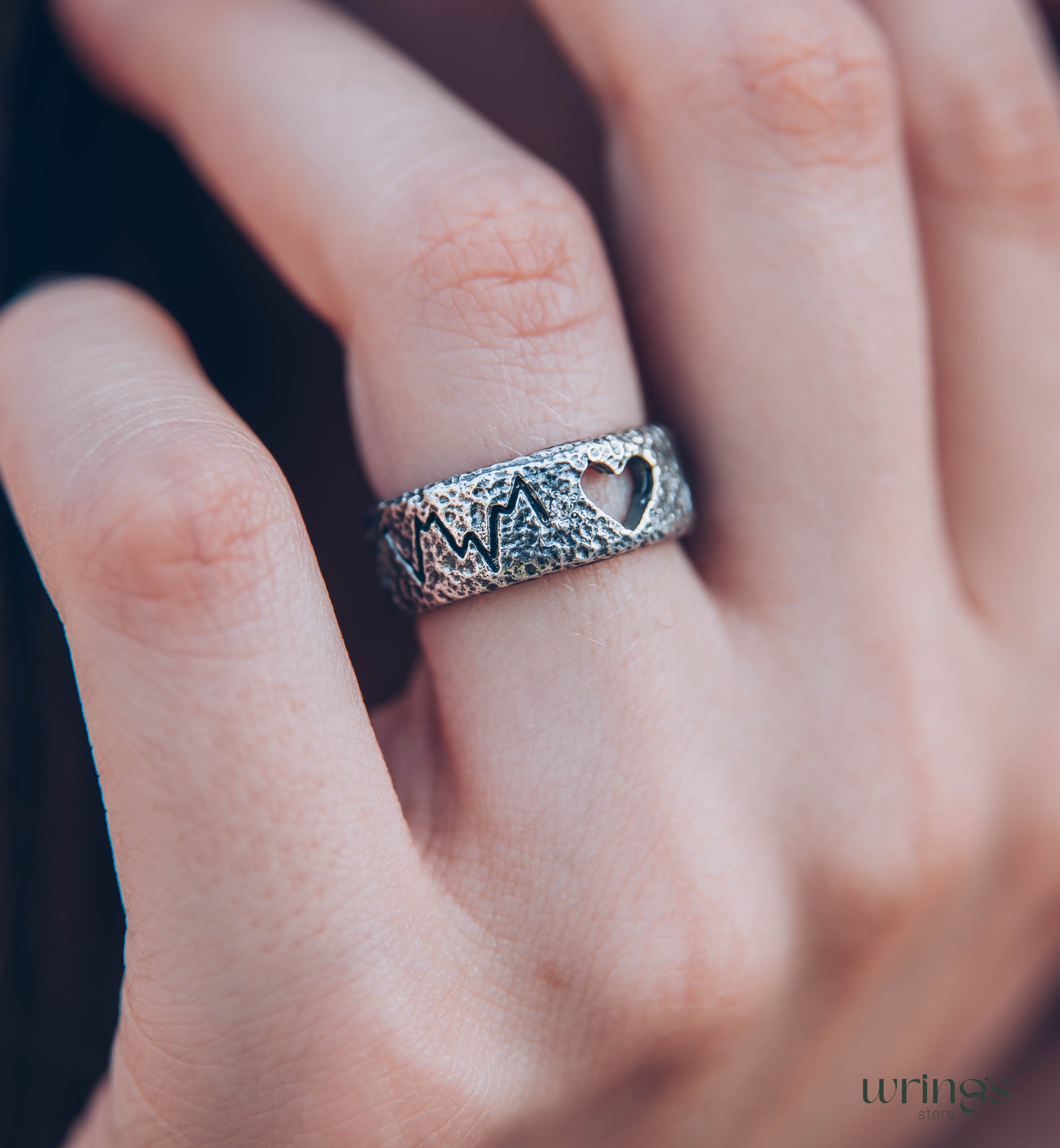 Open Heart Unique Silver Heartbeat Wedding Band