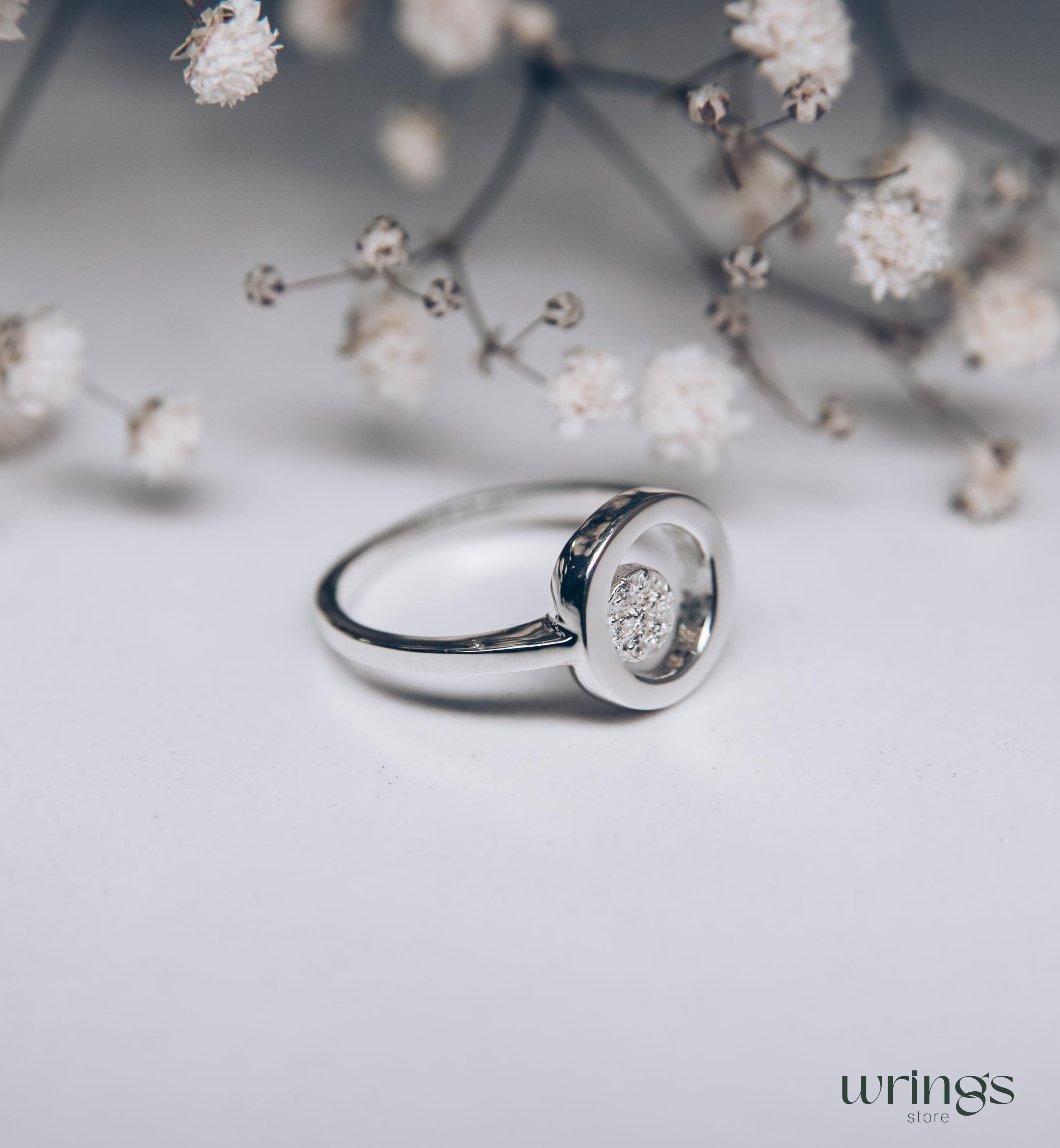 Open Circle Engagement Ring Silver Pave Set Diamonds